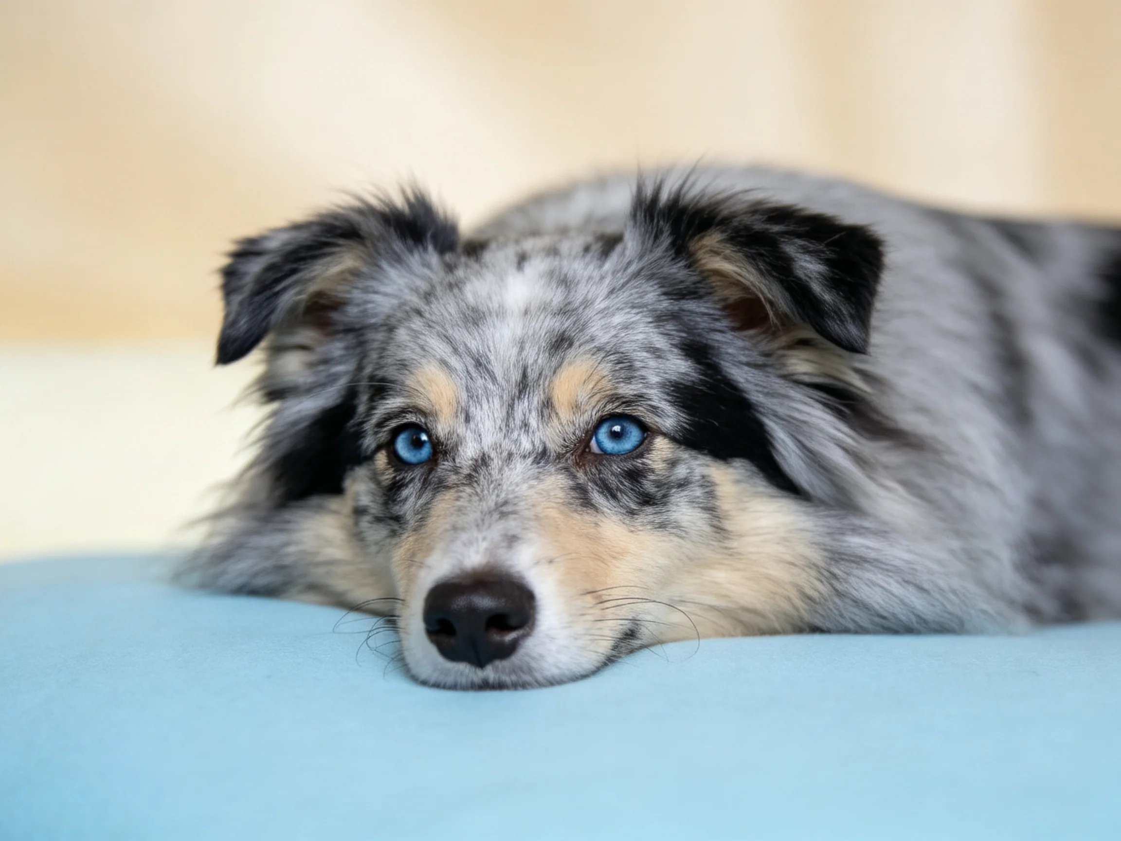A blue-eyed dog with gray-black fur rests on a light blue fabric