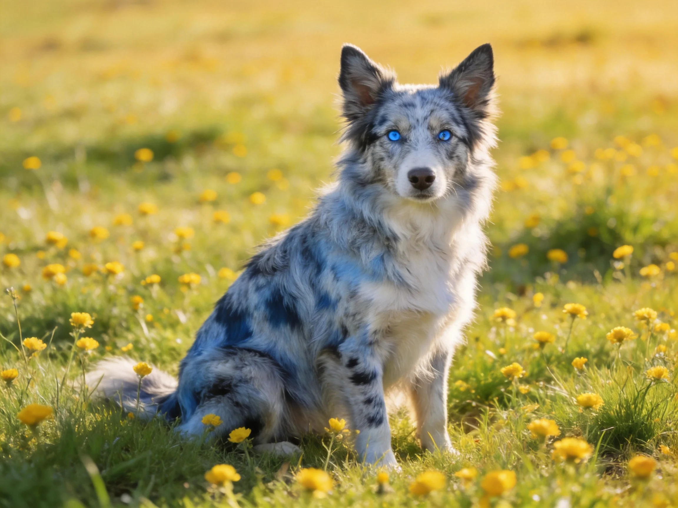 A blue-eyed dog with gray-blue fur sits among yellow wildflowers in a sunlit meadow