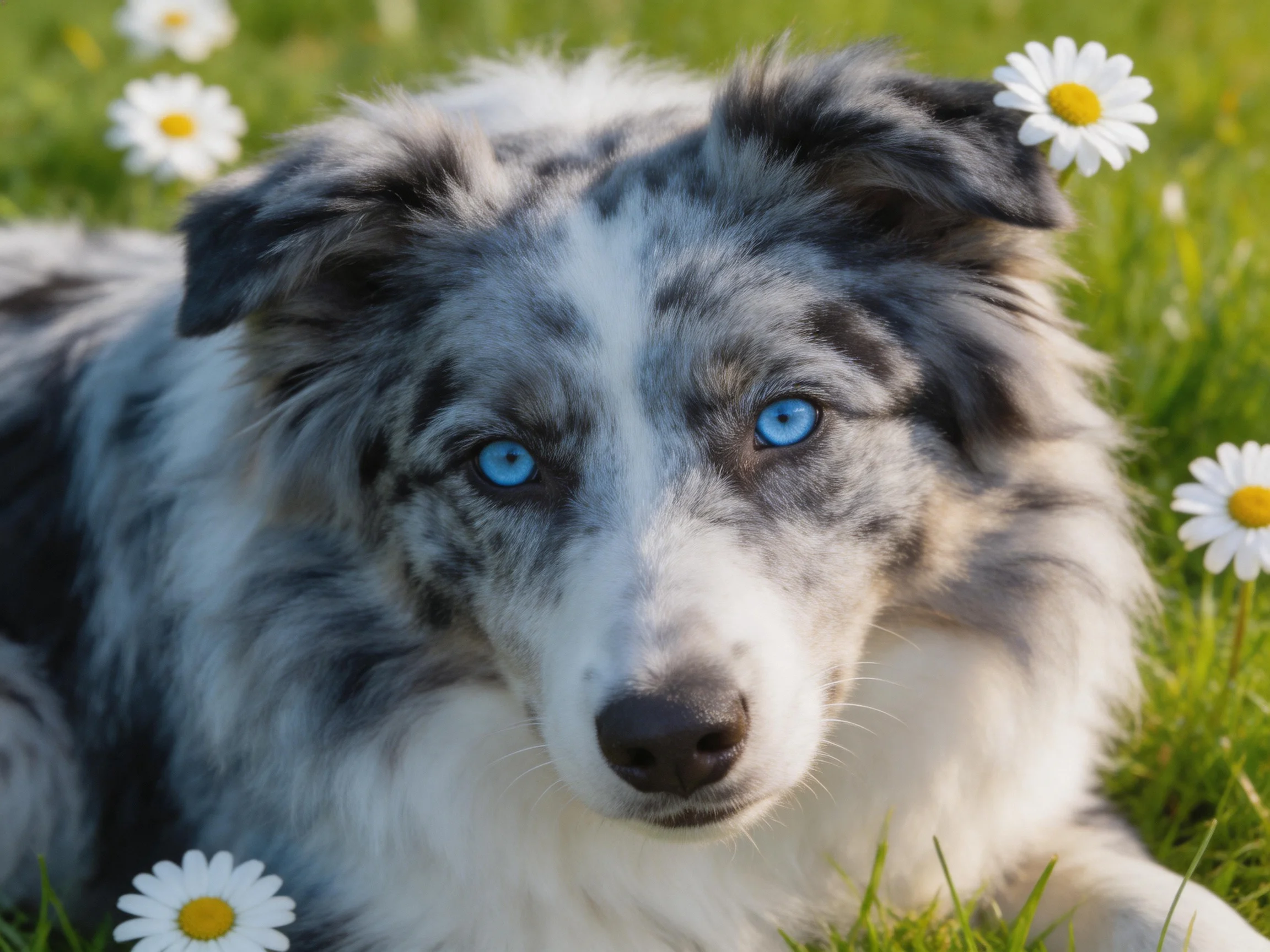 A blue-eyed, gray-and-white dog rests among white daisies in green grass
