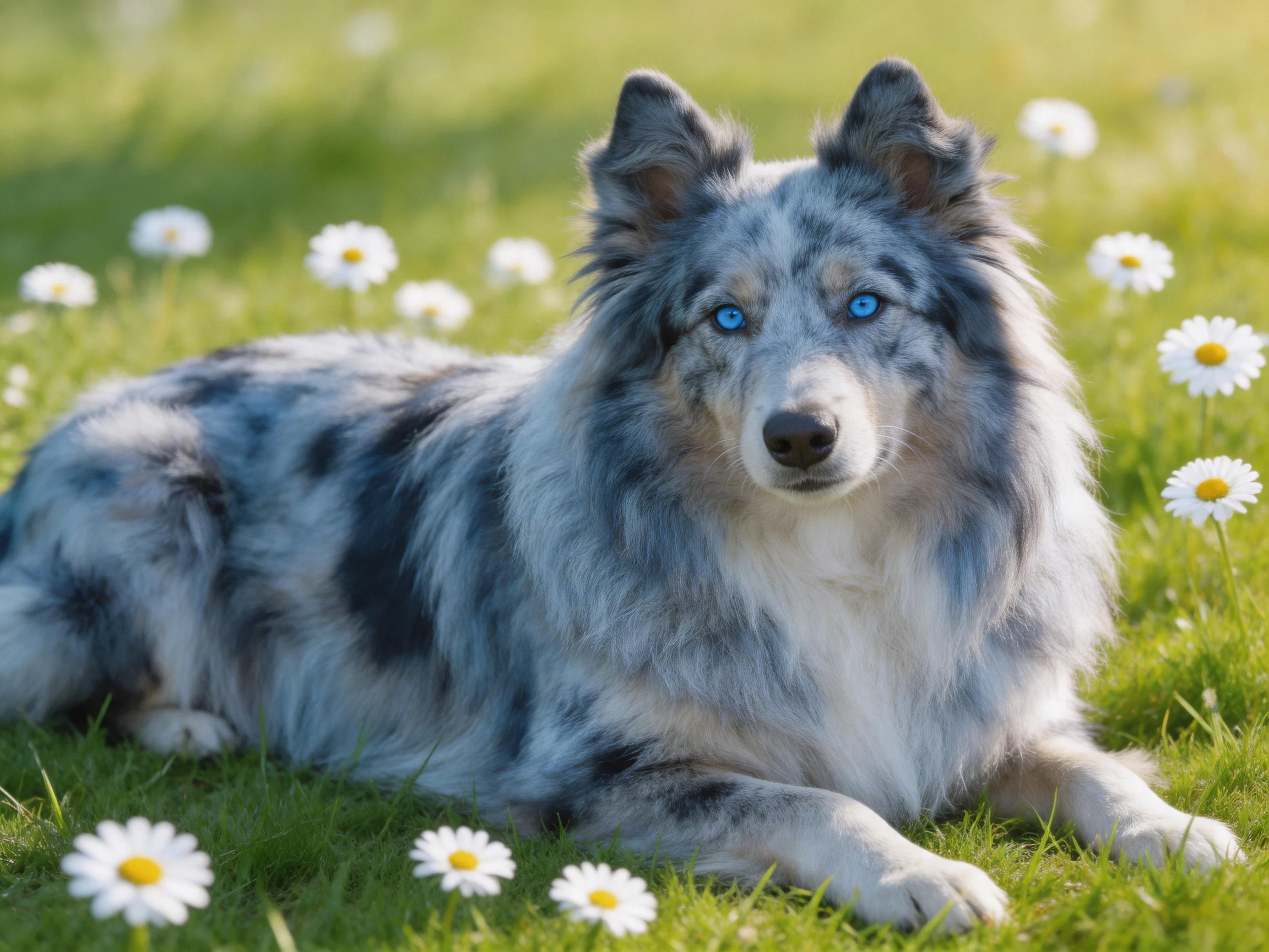 A blue-eyed gray-and-white dog rests among white daisies in green grass
