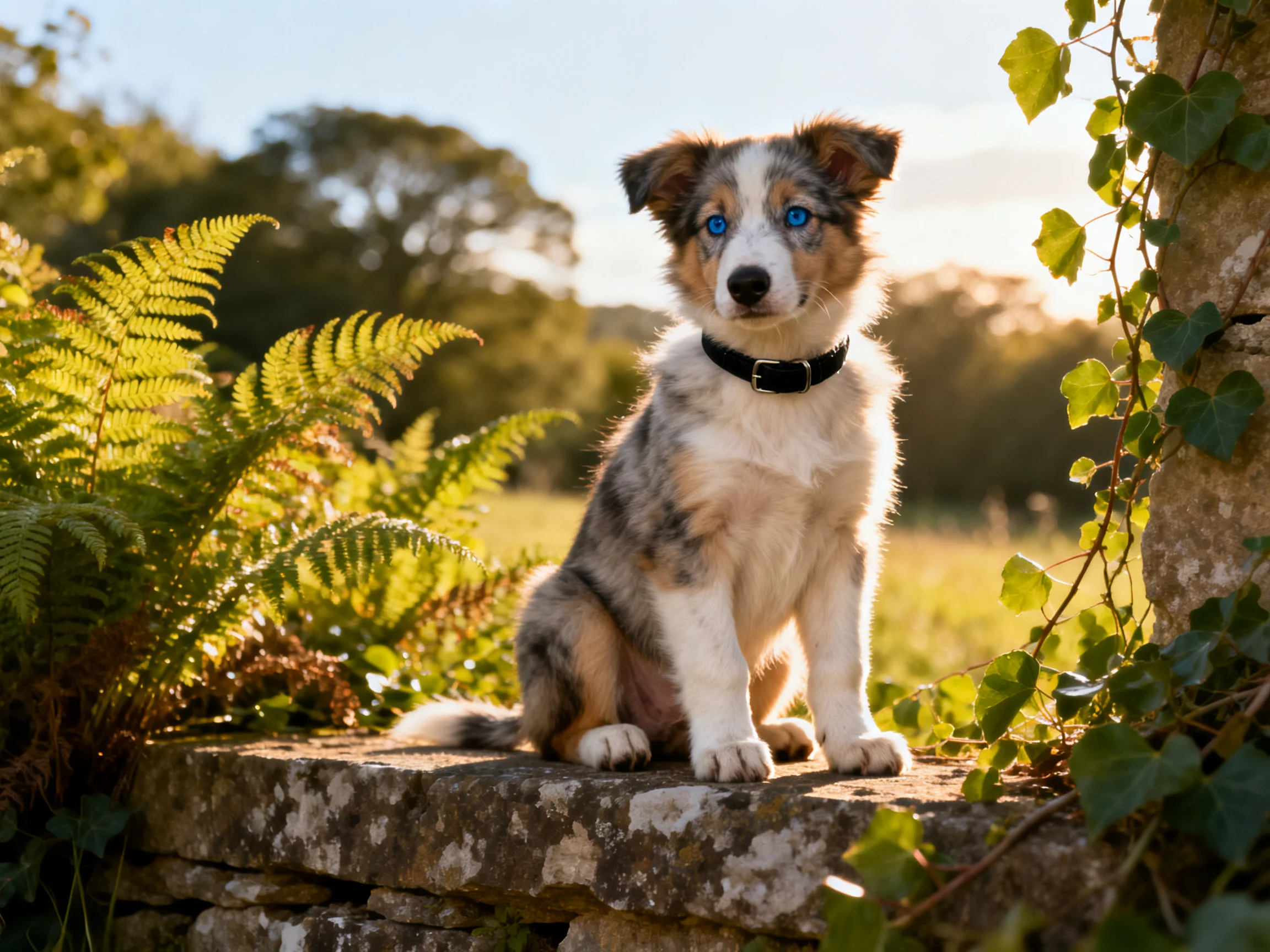 A blue-eyed puppy sits on a weathered stone wall amid ferns