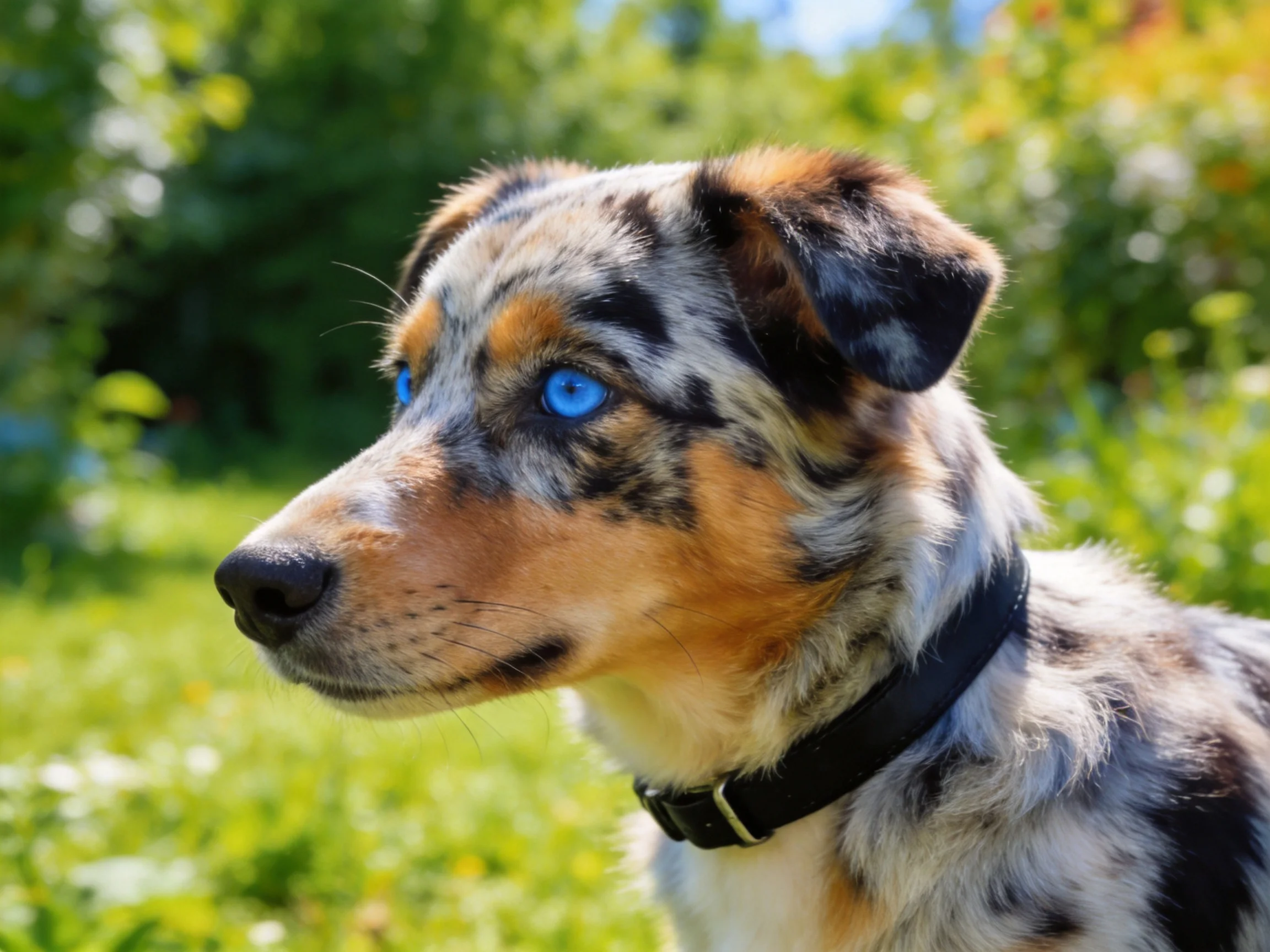 A blue-eyed tri-colored dog stands alert outdoors.