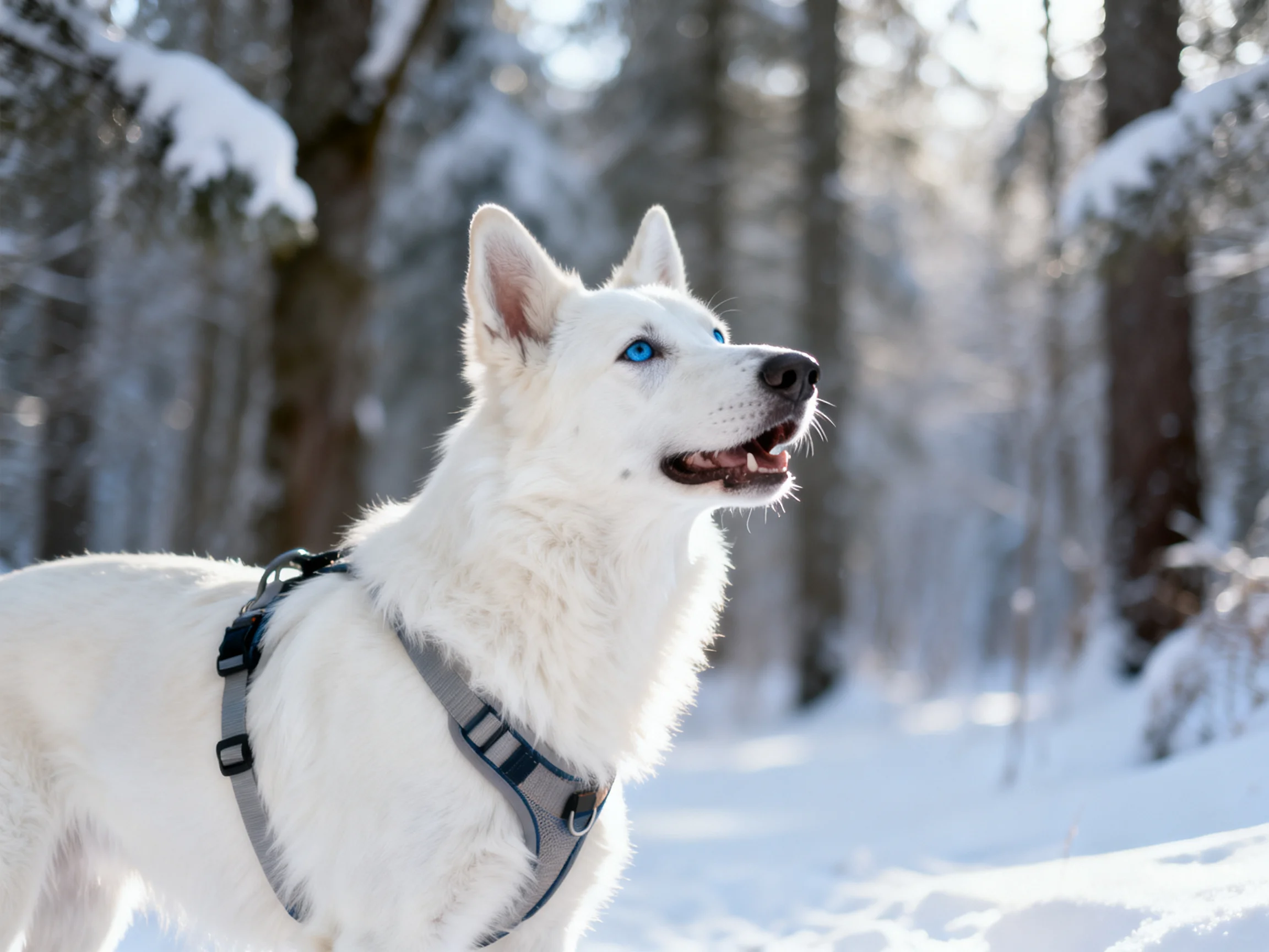 A blue-eyed white husky dog stands alert in a snowy forest.