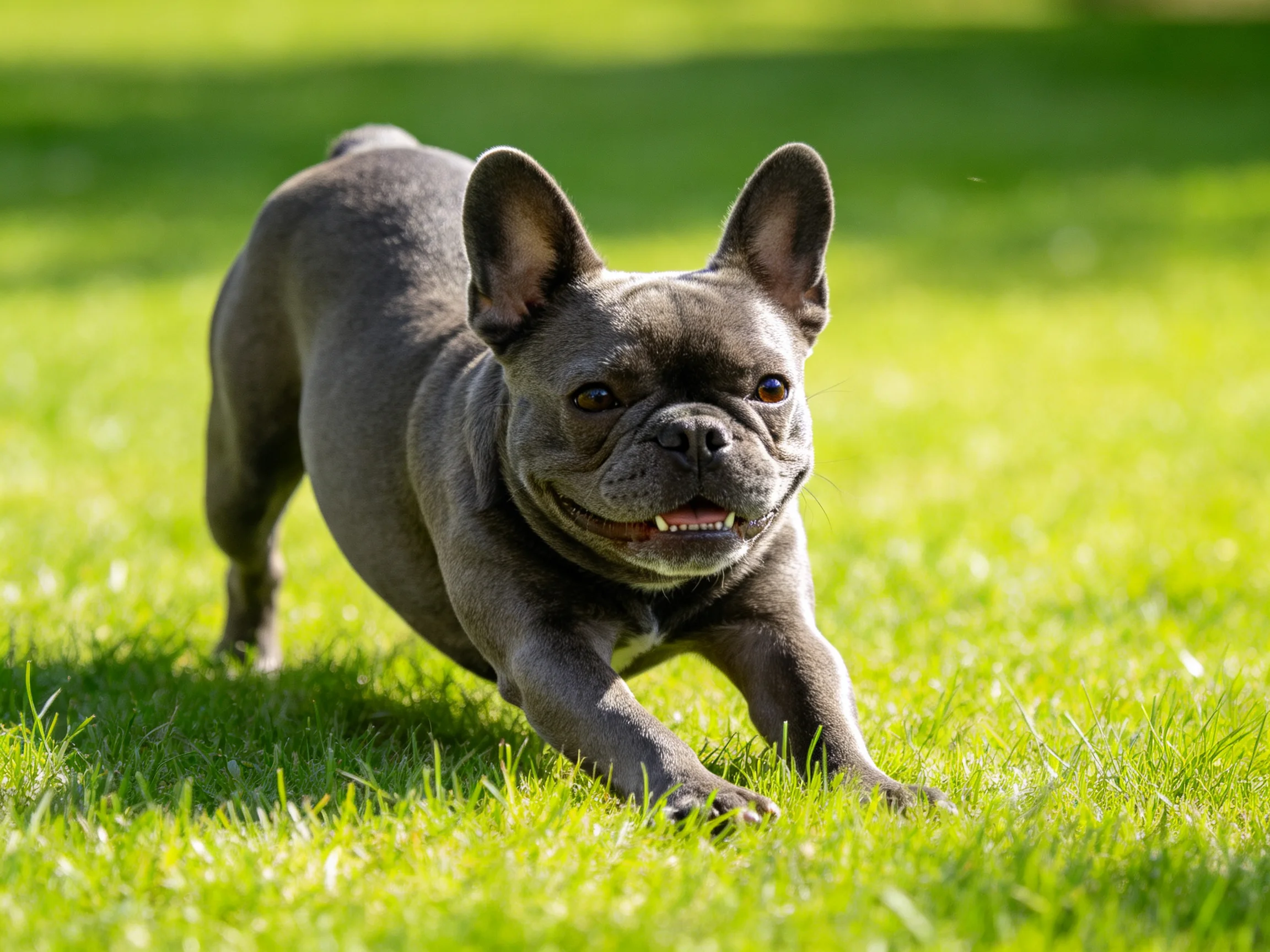 A blue-gray French bulldog runs energetically on lush green grass