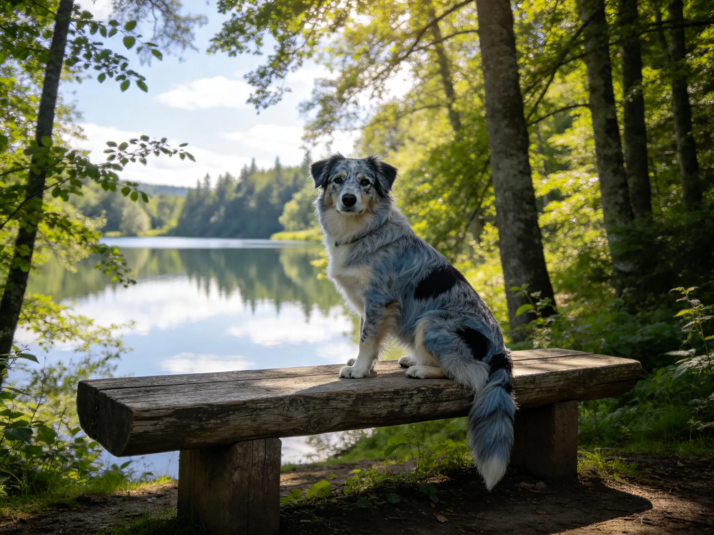 A blue-gray and black speckled dog sits on a wooden bench by a lakeside