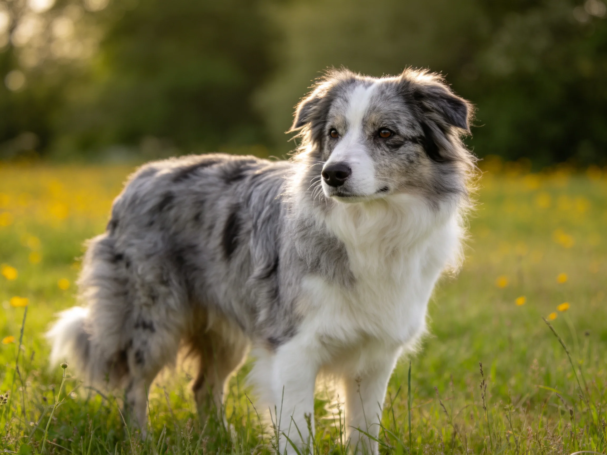 A blue merle dog stands in a sunlit meadow of yellow wildflowers