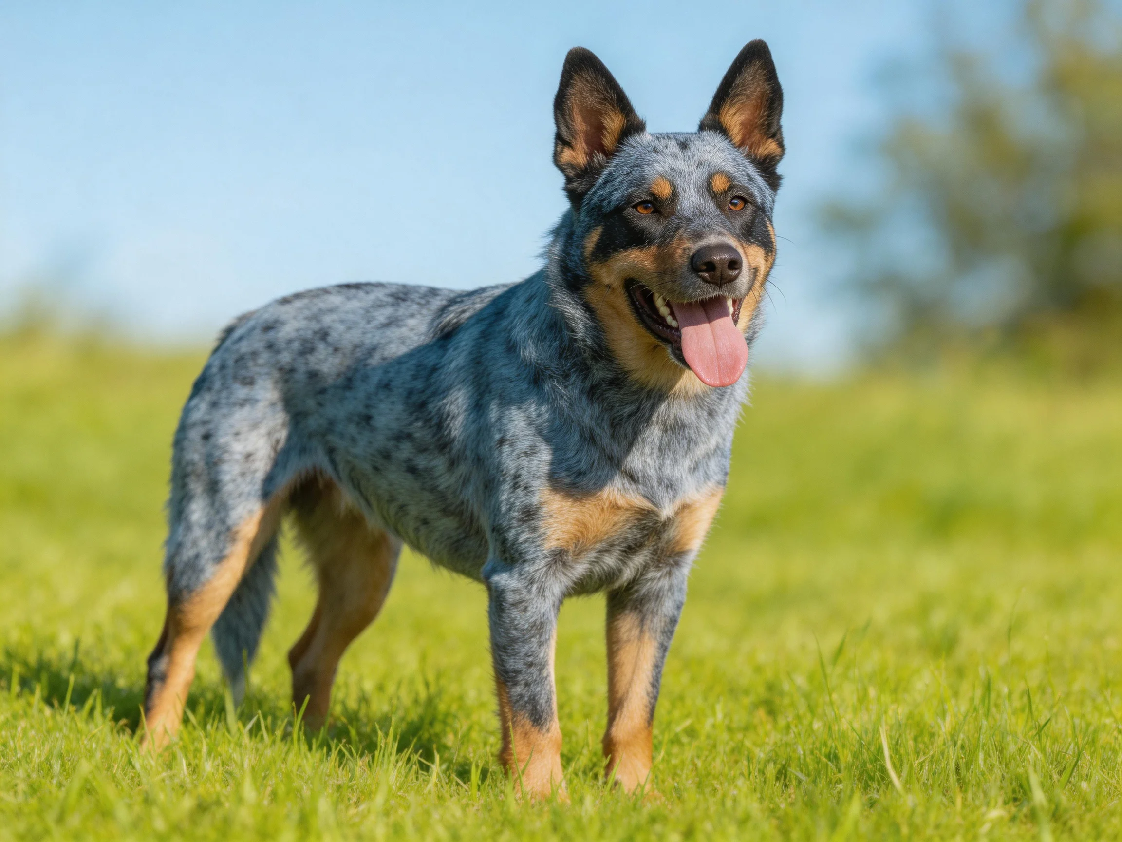A dog with a blue-speckled coat stands on a grassy field.
