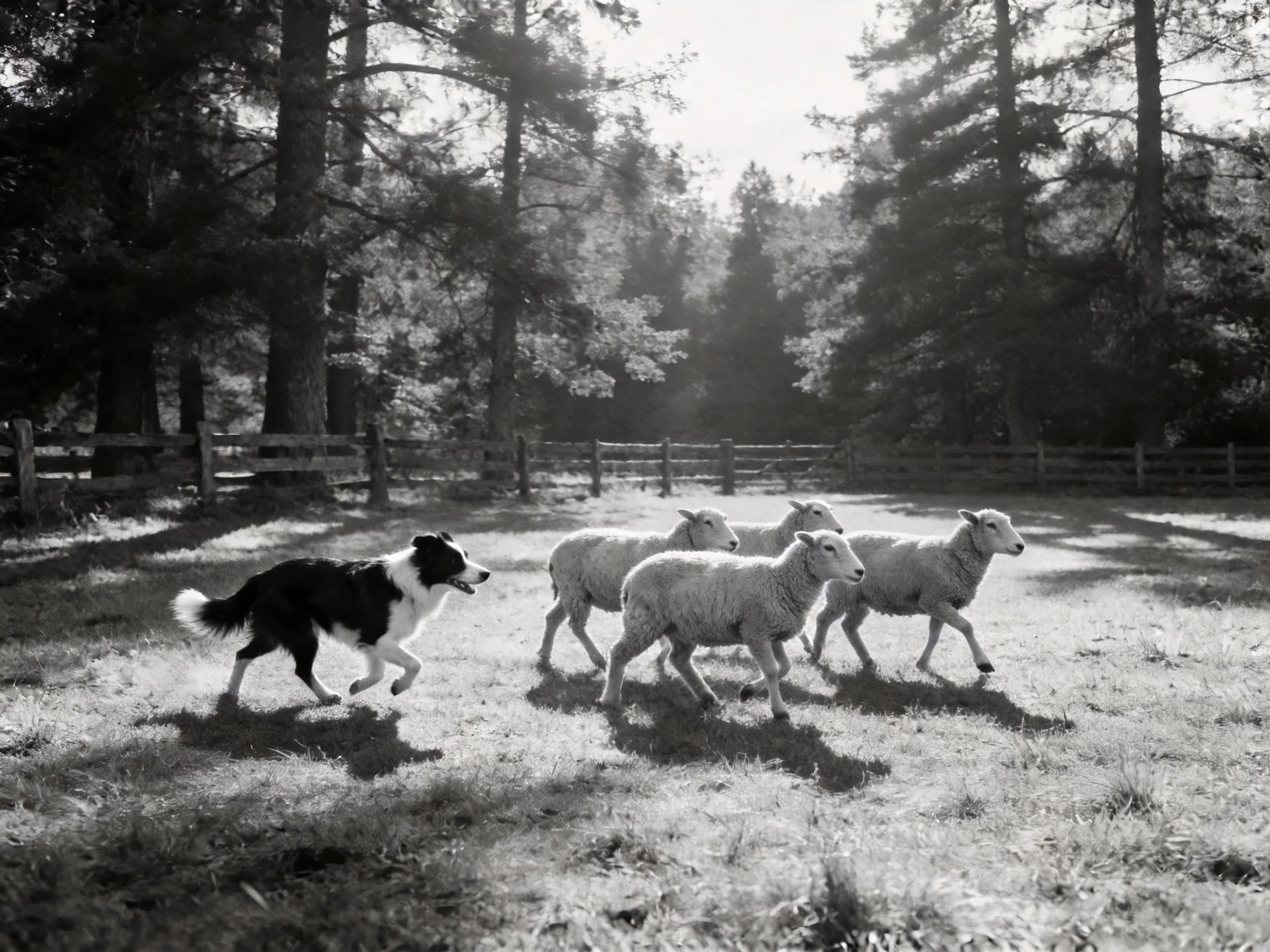 A border collie herds three sheep near a wooden fence in a sunlit field