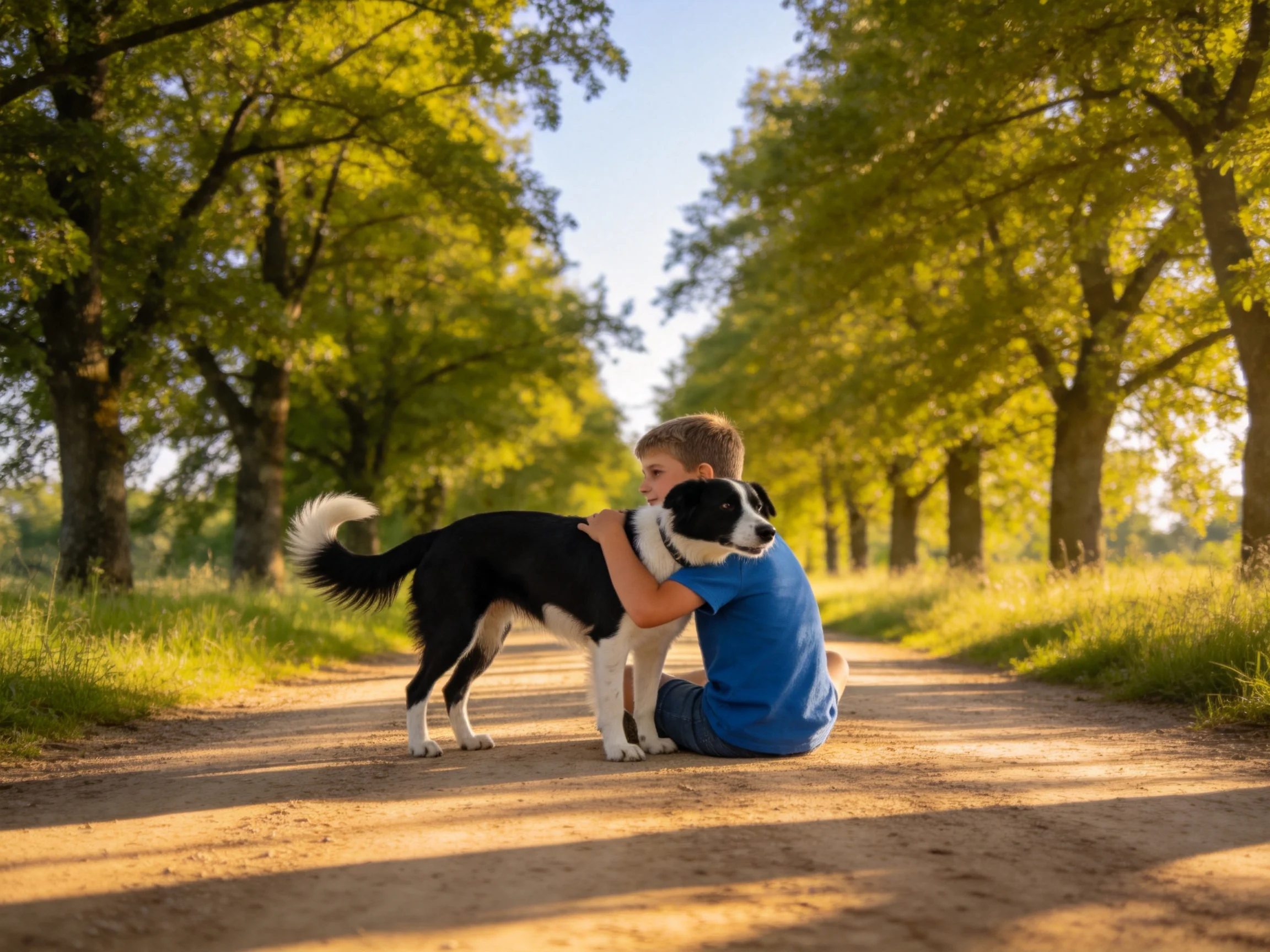 A boy in a blue shirt hugs a black-and-white dog on a sunlit dirt path