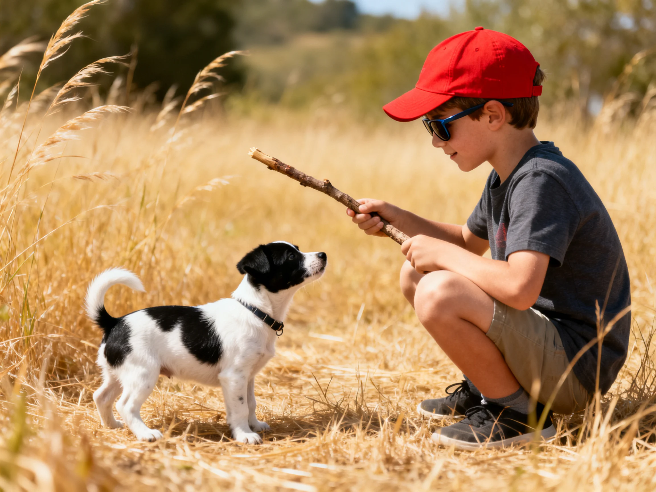 A boy crouches to play with a small black-and-white puppy using a stick in a grassy field.