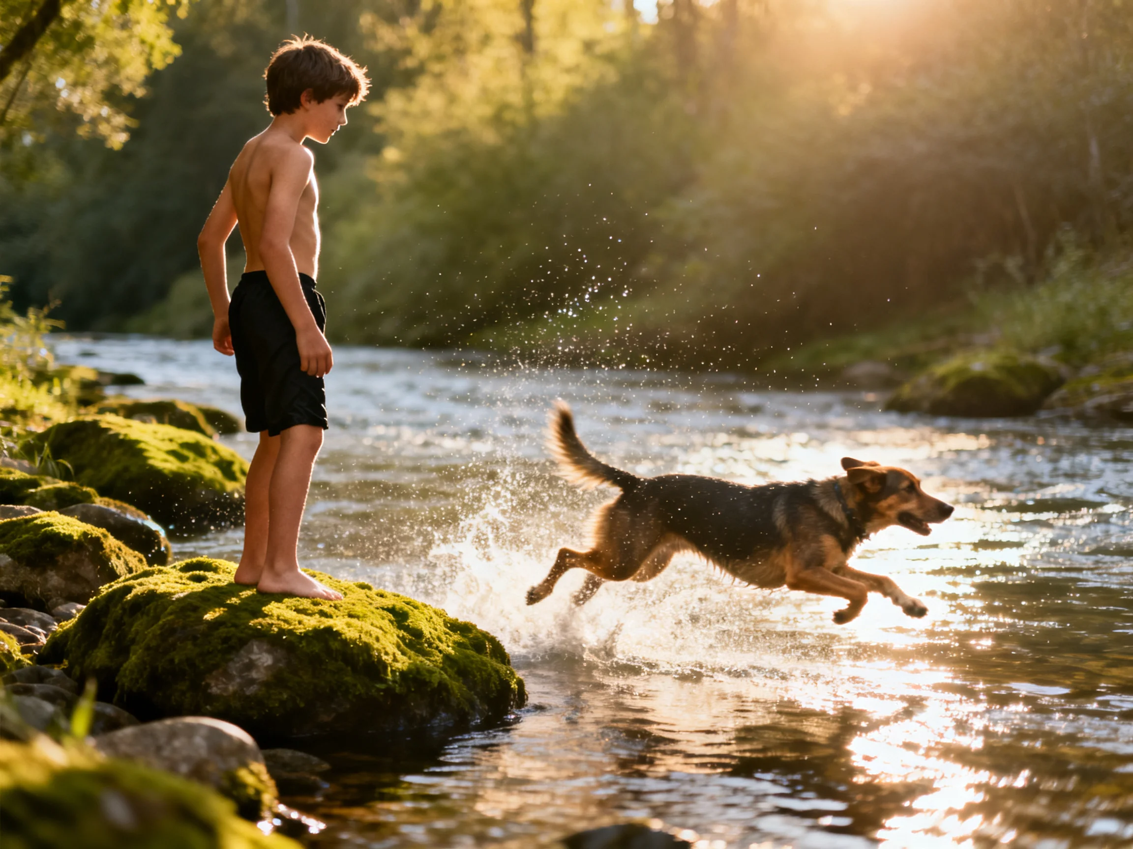 A boy watches a German Shepherd leap into a sunlit stream
