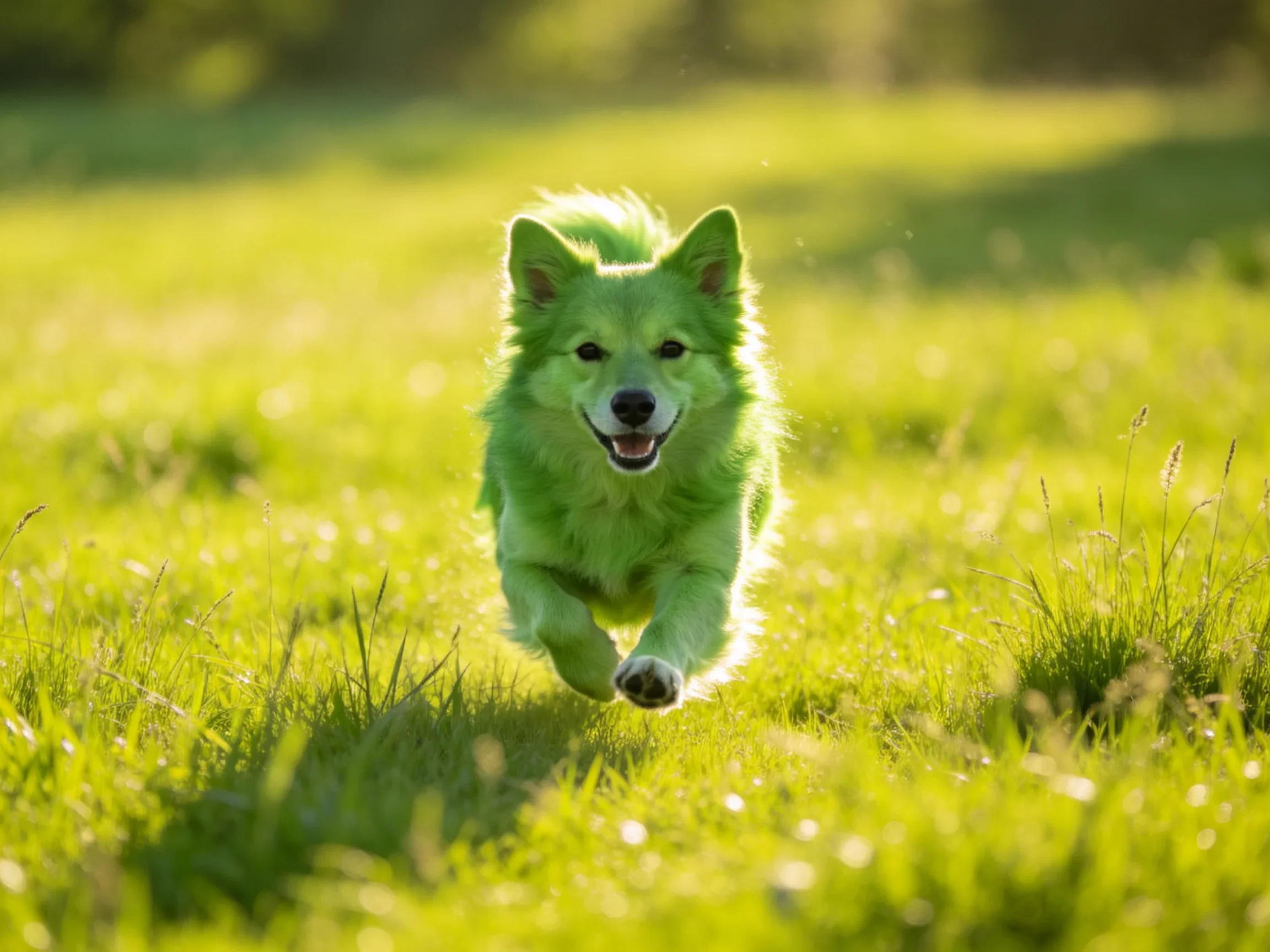 A bright green dog runs joyfully through a sunlit meadow.