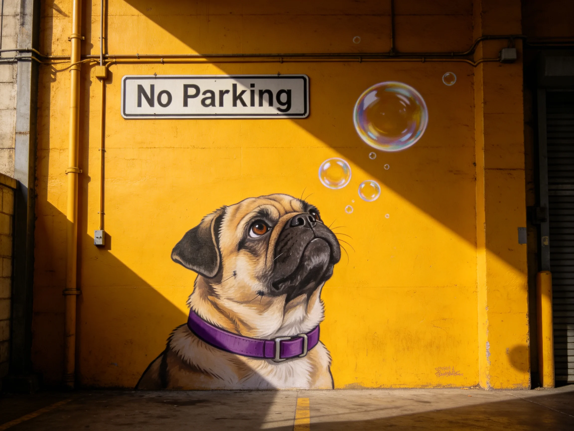 A bright yellow wall with a pug mural, “No Parking” sign, and bubbles