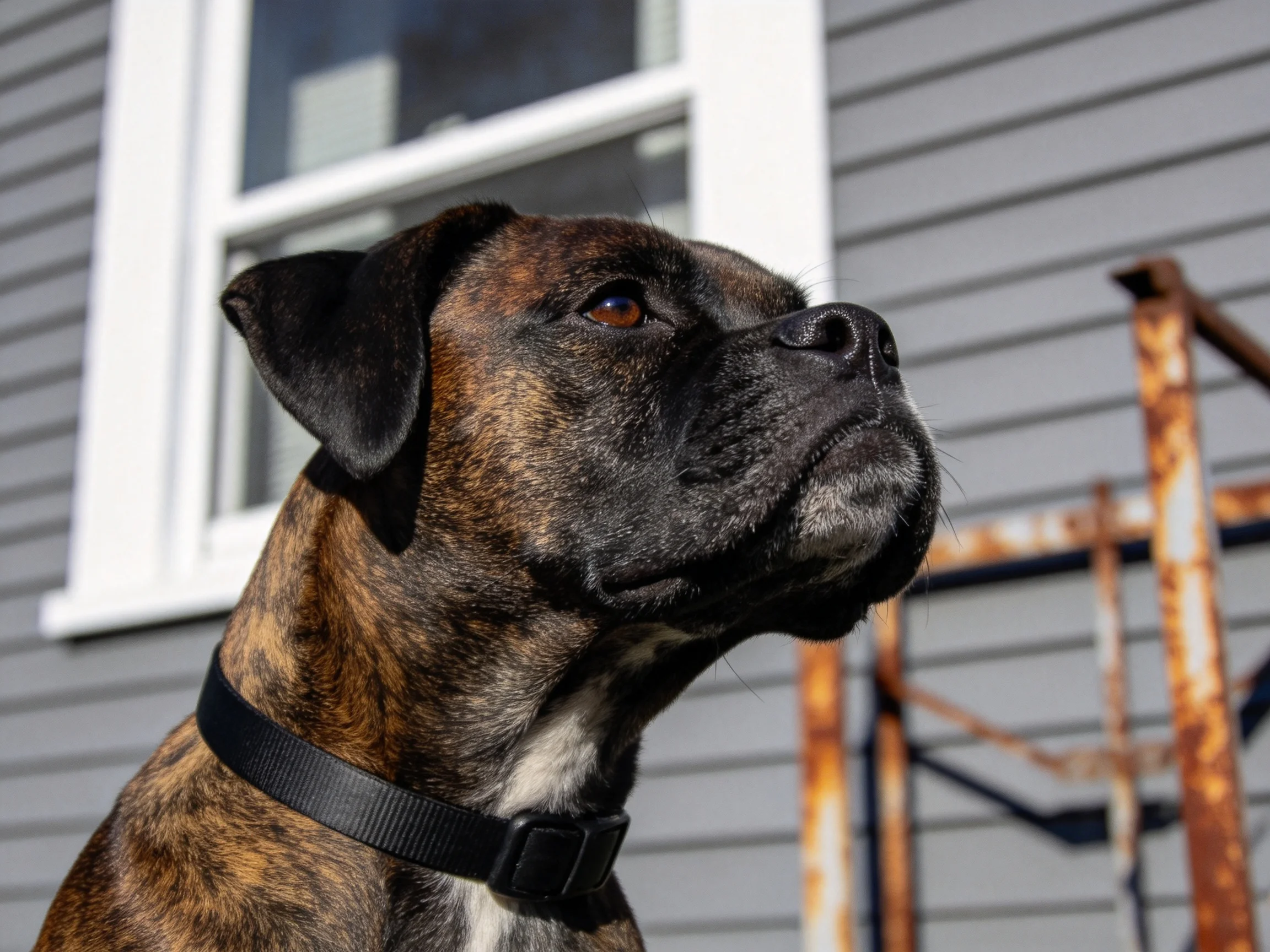 A brindle - coated boxer dog near a gray house with white trim