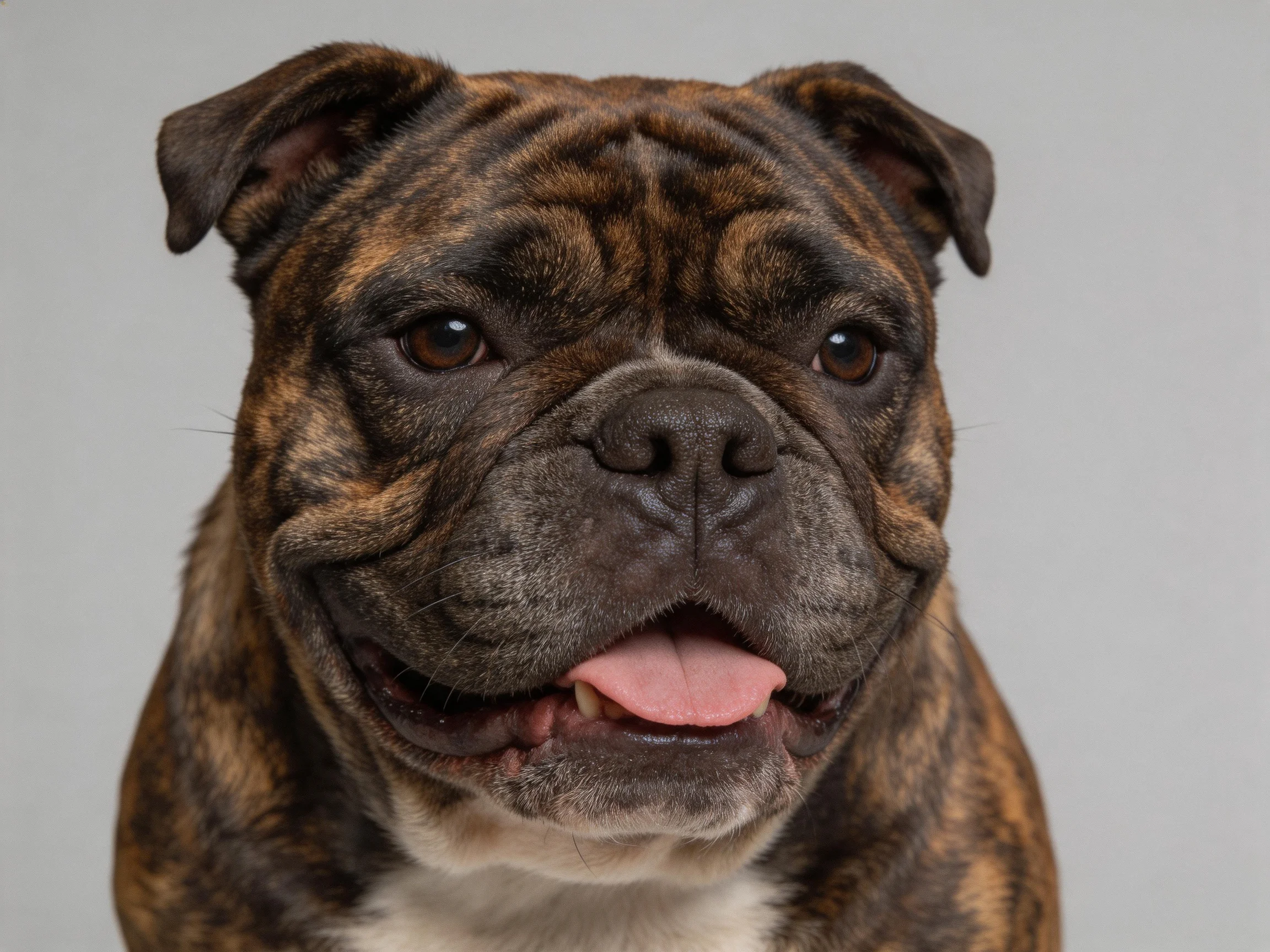 A brindle - coated bulldog with wrinkled face and pink tongue