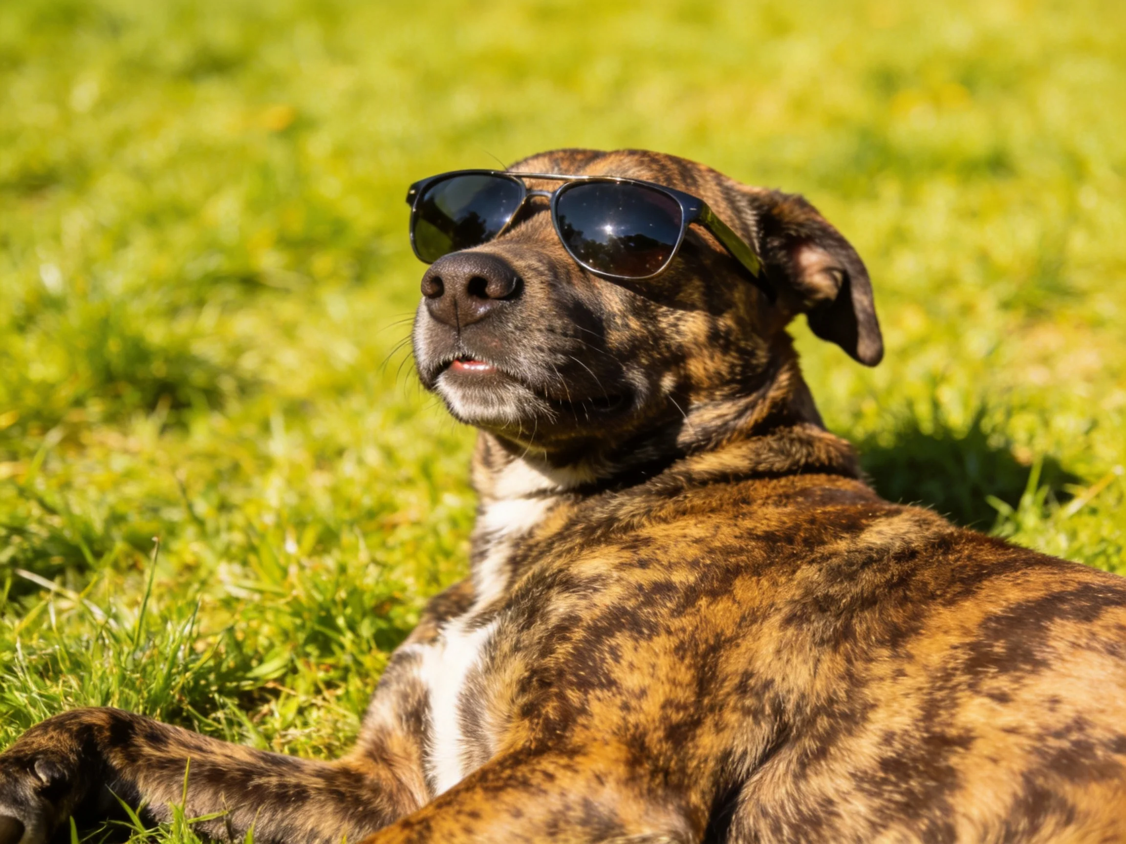 A brindle - coated dog lounges on green grass with dark sunglasses