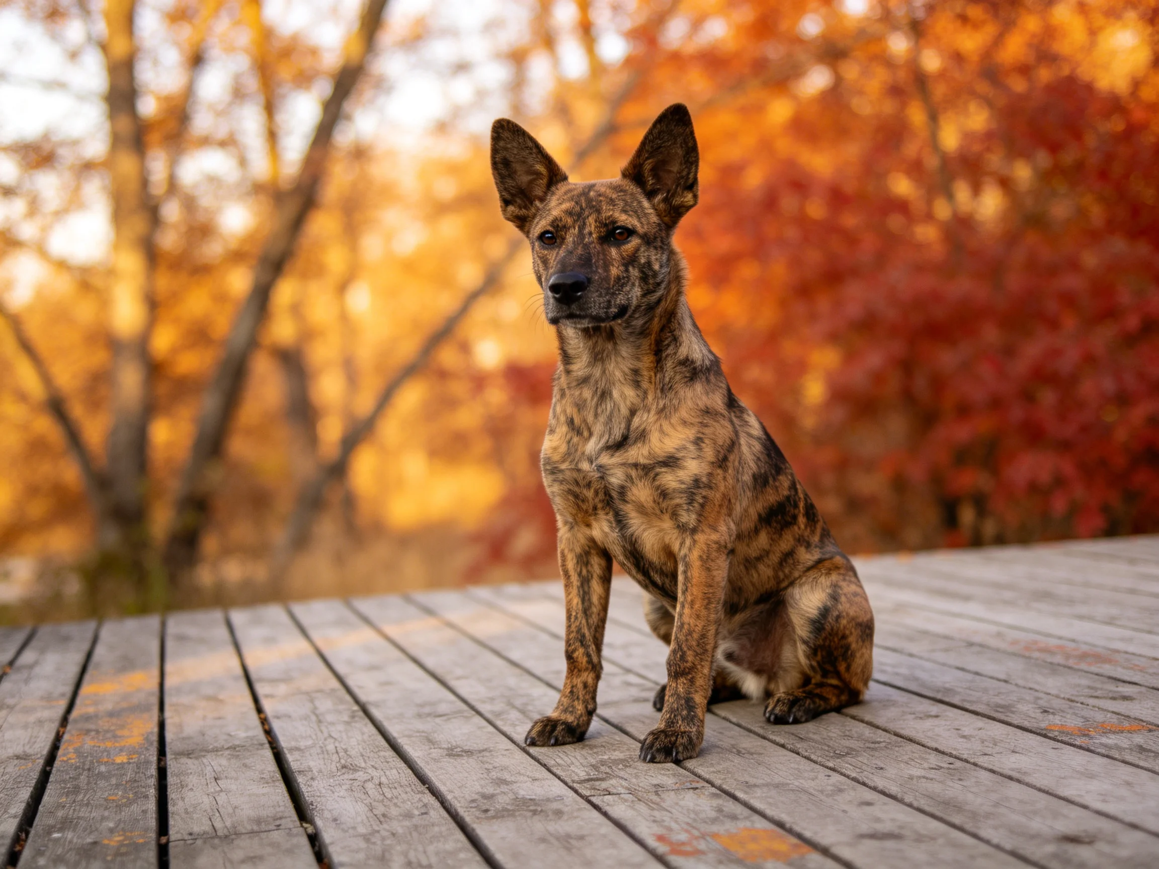 A brindle - coated dog sits on a wooden deck with autumn foliage behind