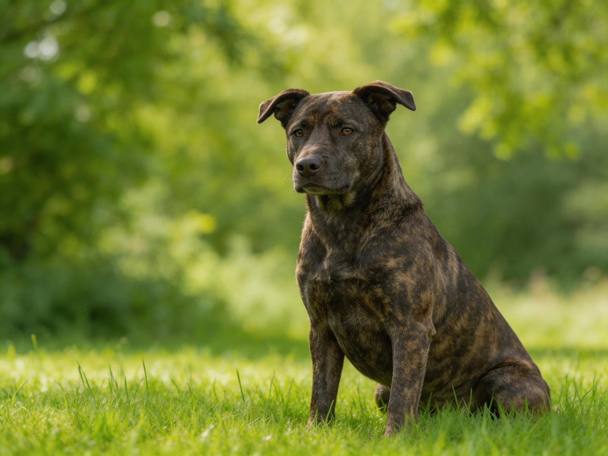 A brindle - coated dog sits on lush green grass amid leafy surroundings