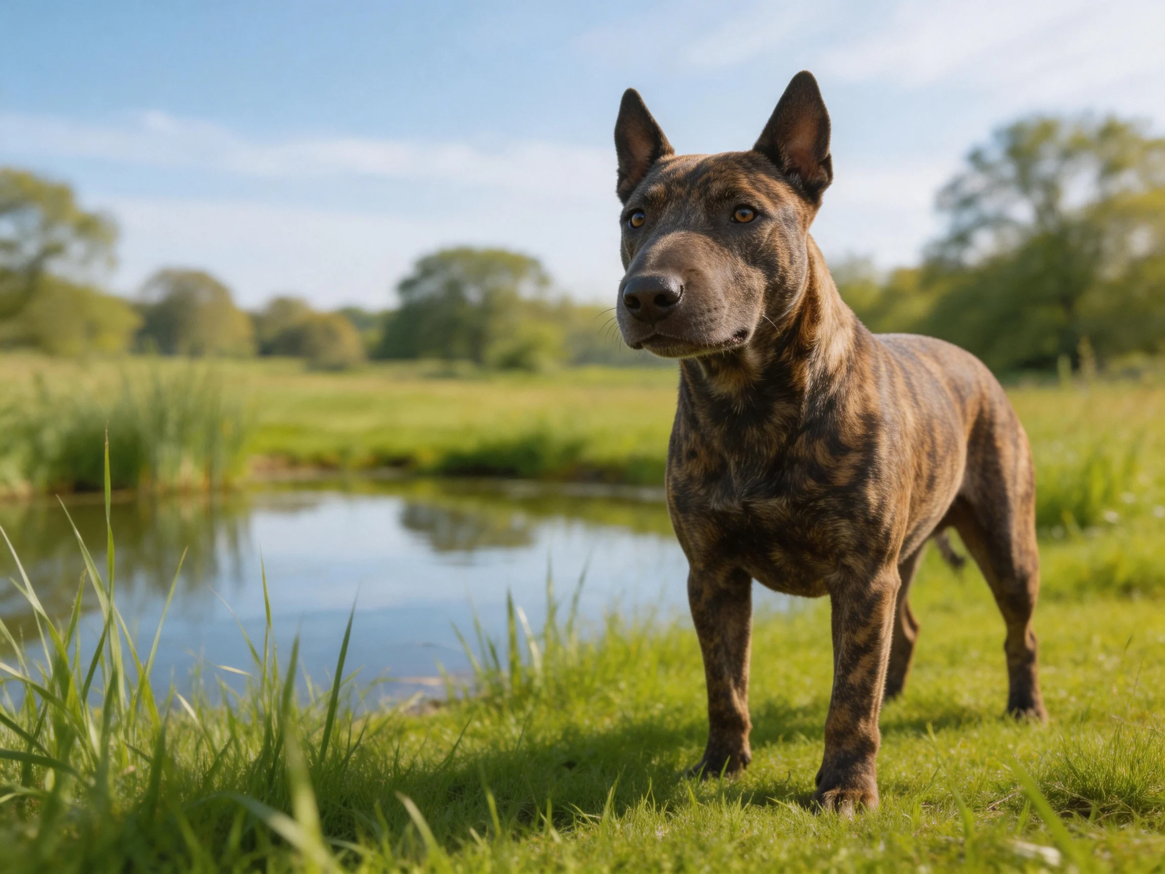 A brindle - coated dog stands by a calm pond in a sunlit meadow