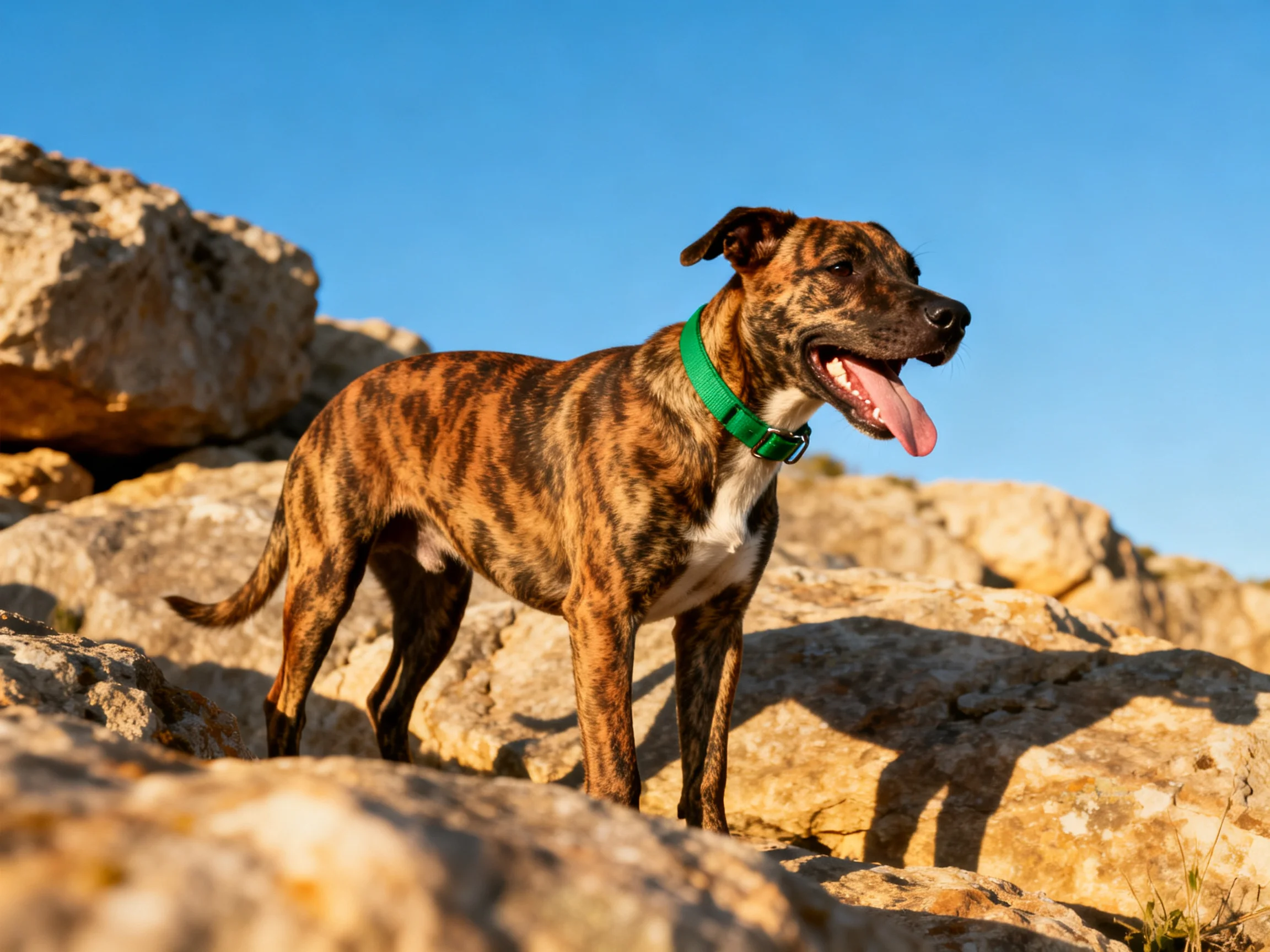 A brindle - coated dog with a green collar on rocky terrain