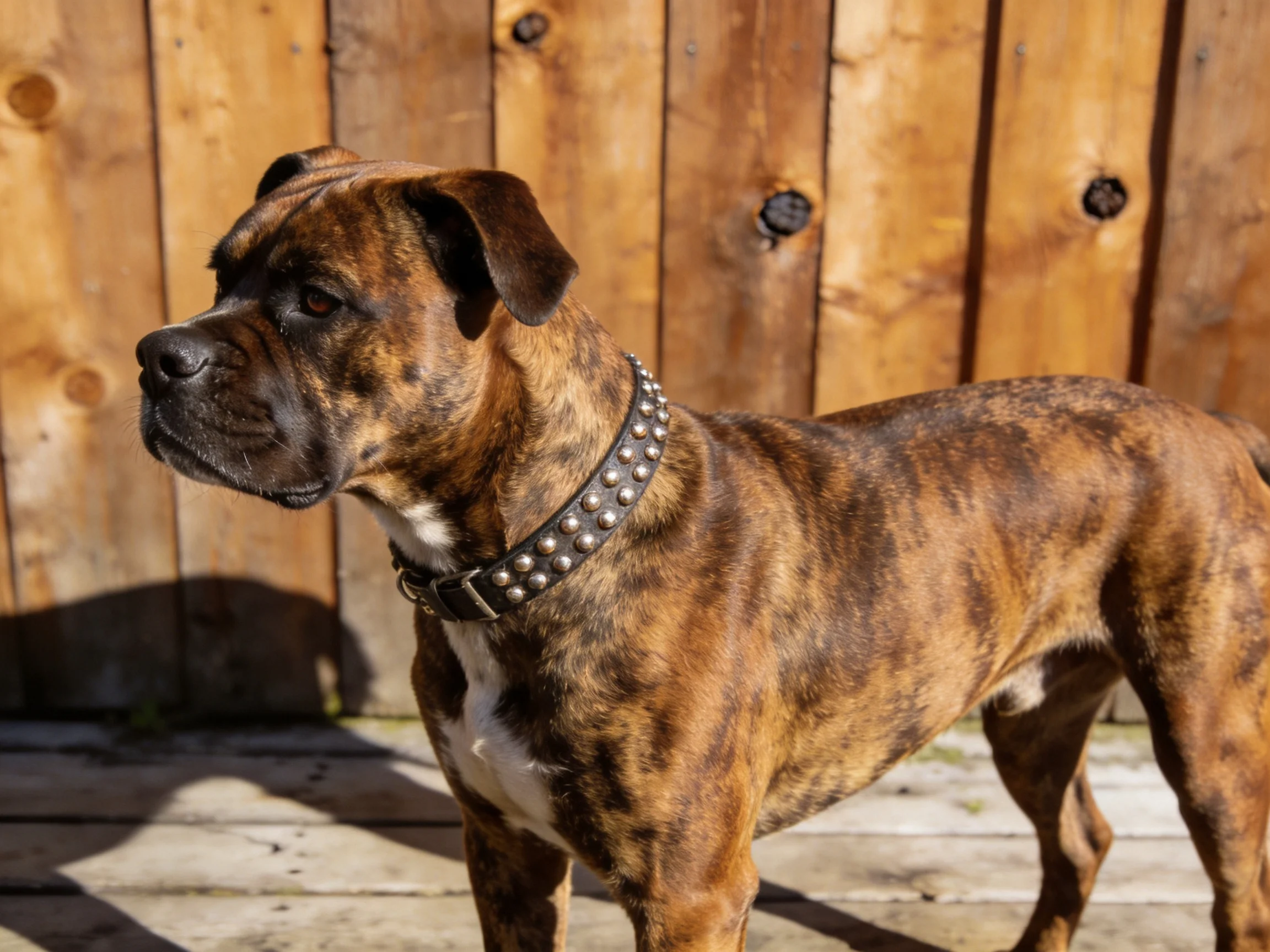 A brindle - coated dog with a spiked collar stands by a wooden fence