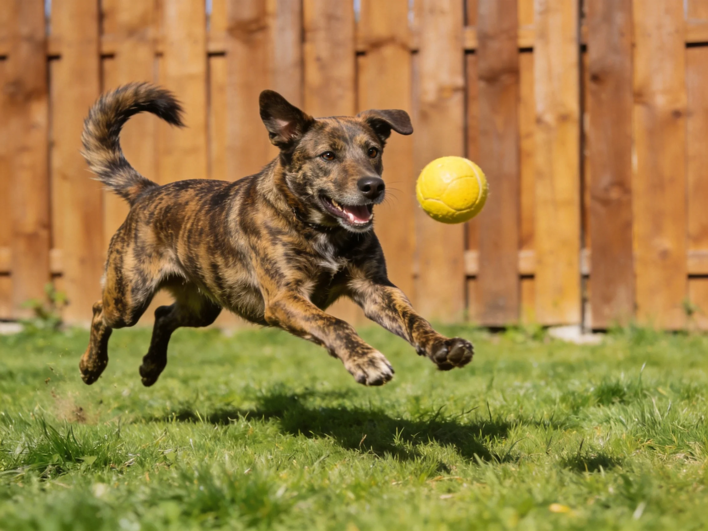 A brindle - patterned dog leaps for a bright yellow ball near a wooden fence