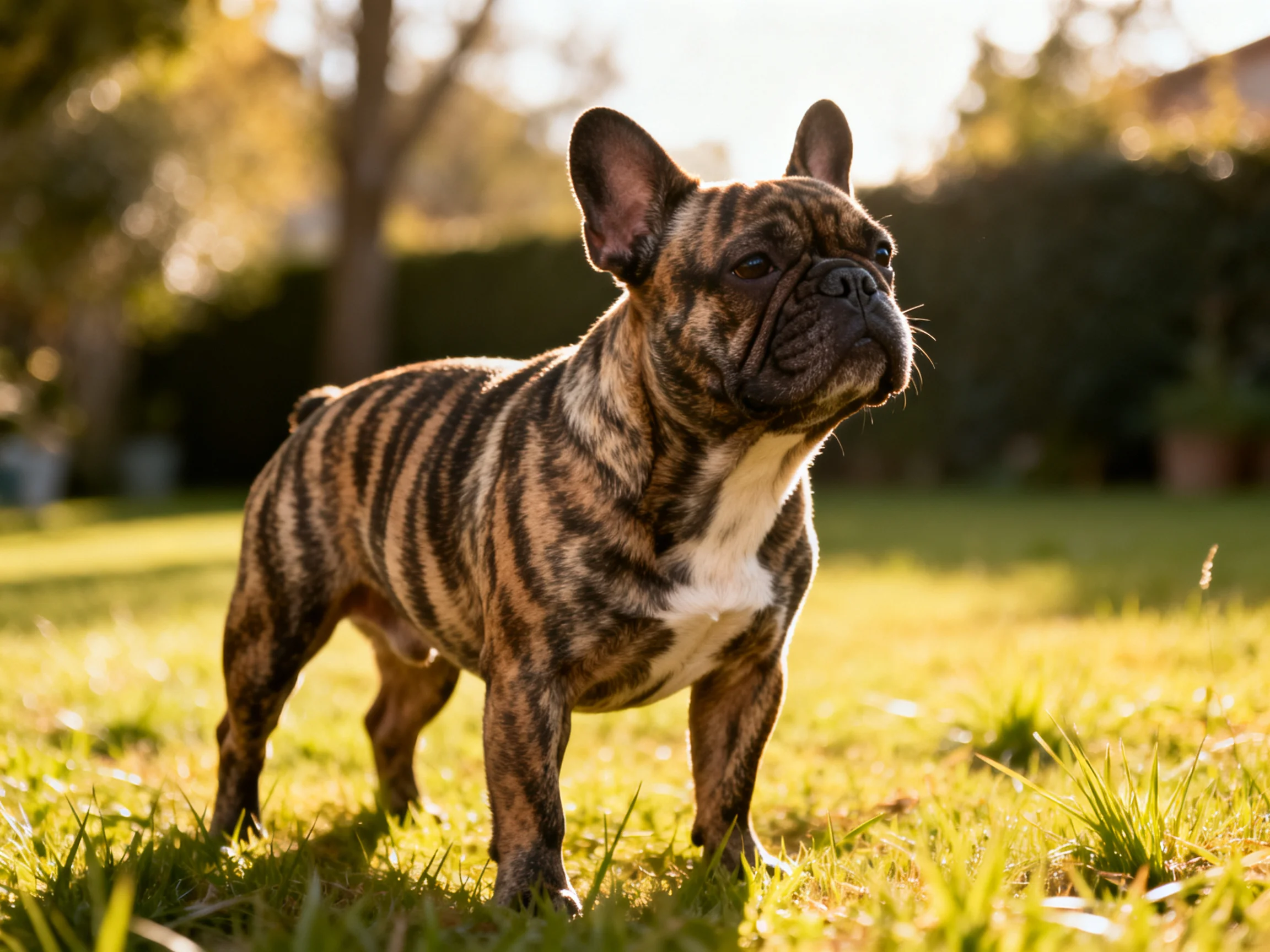 A brindle French Bulldog stands alert on sunlit grass