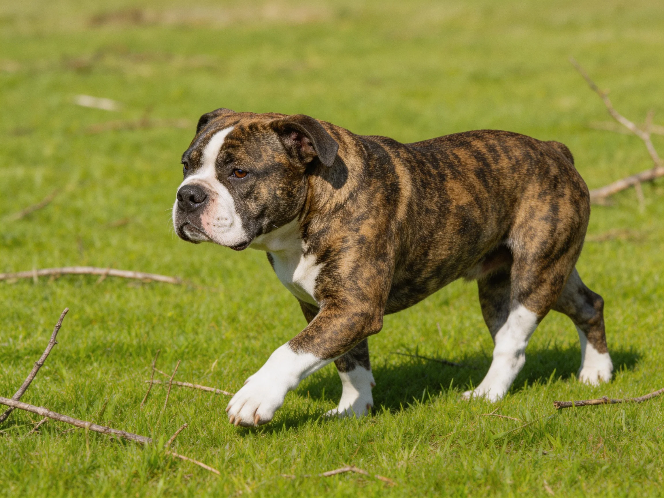 A brindle and white bulldog puppy explores a grassy field.