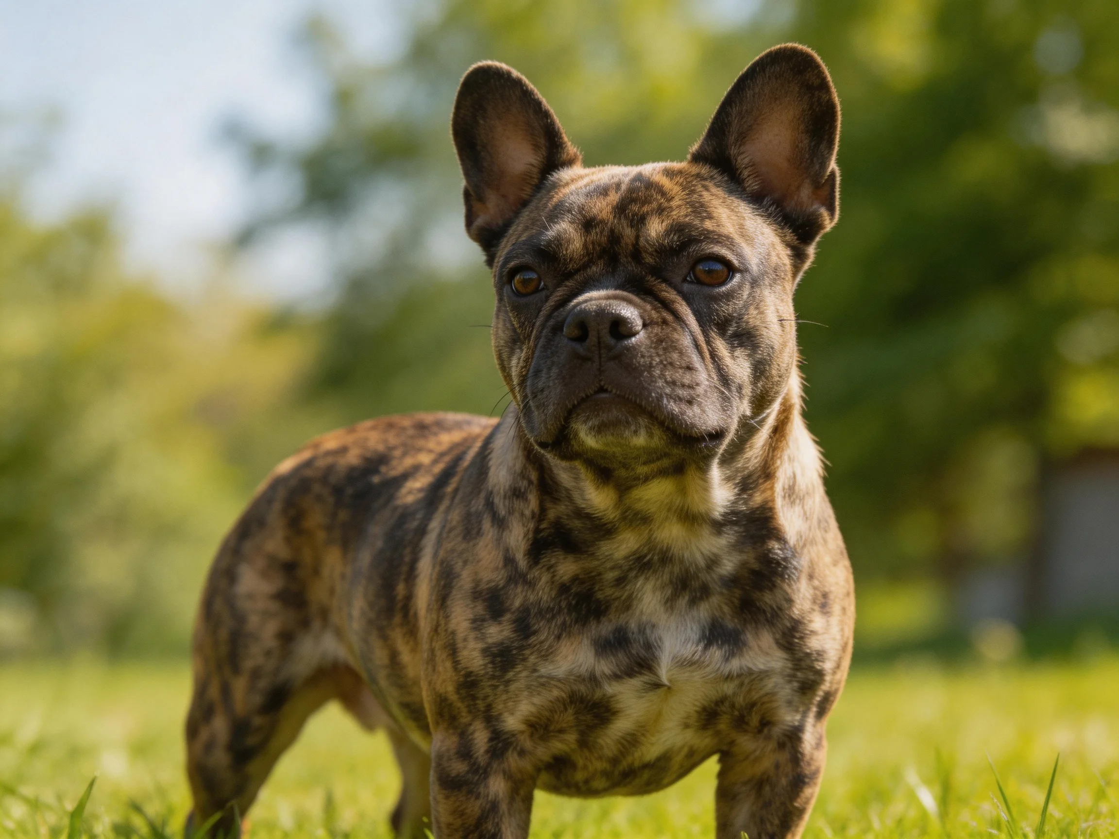 A brindle-coated French Bulldog stands alert in a sunlit meadow