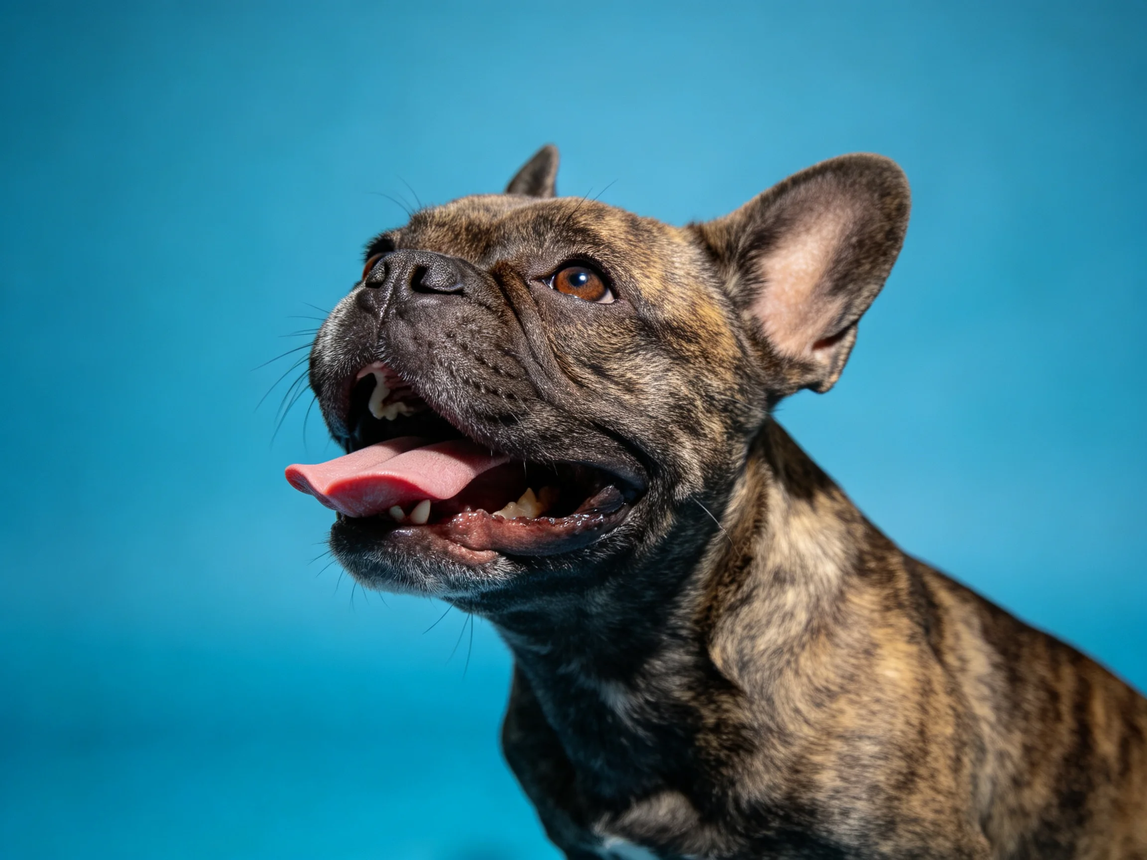 A brindle-coated French bulldog with open mouth on blue backdrop