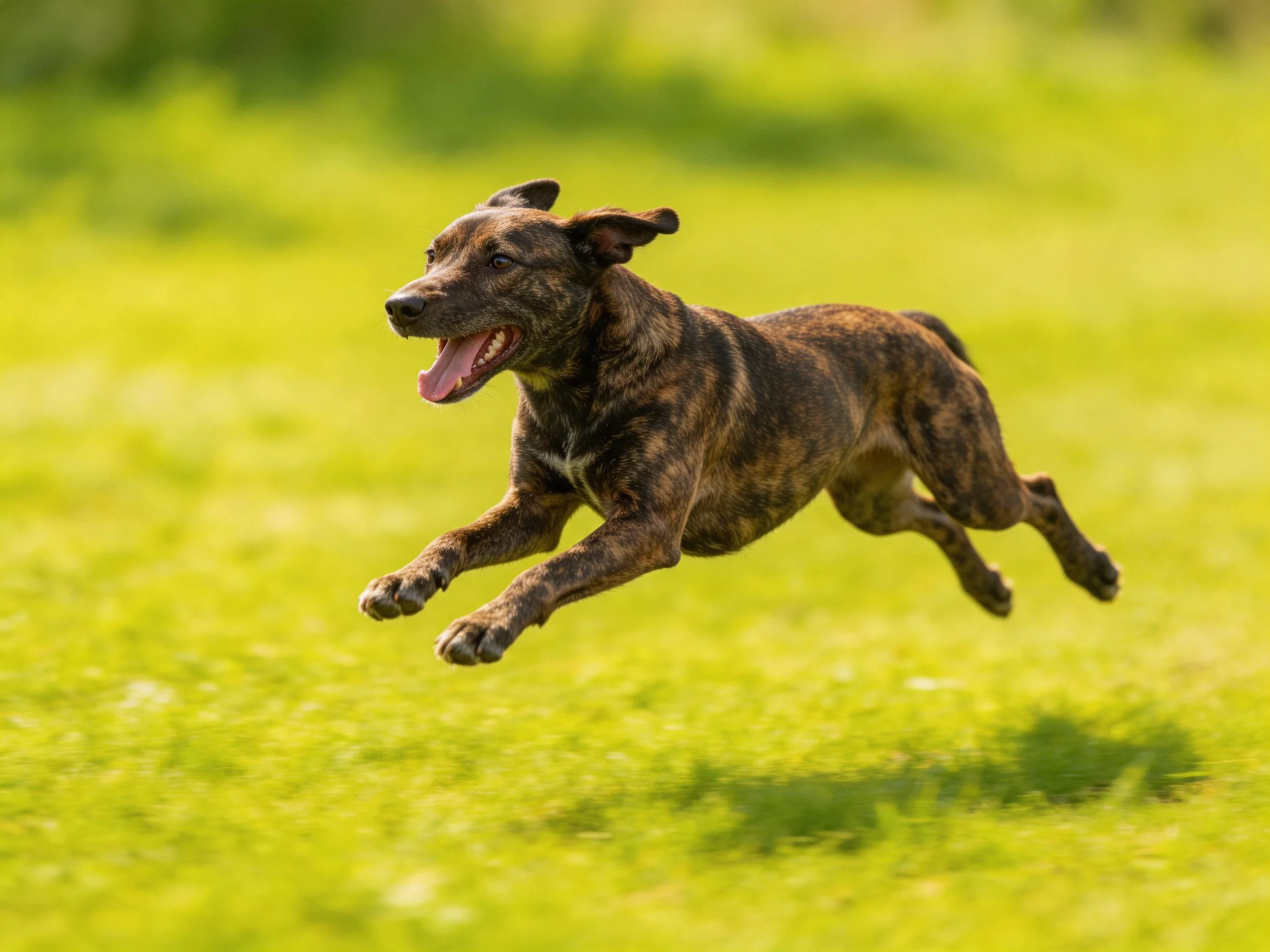 A brindle-coated dog leaps joyfully across green grass