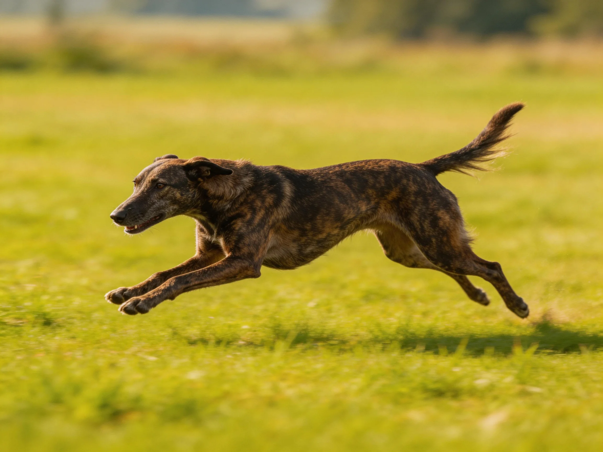 A brindle-coated dog leaps through a sunlit green meadow