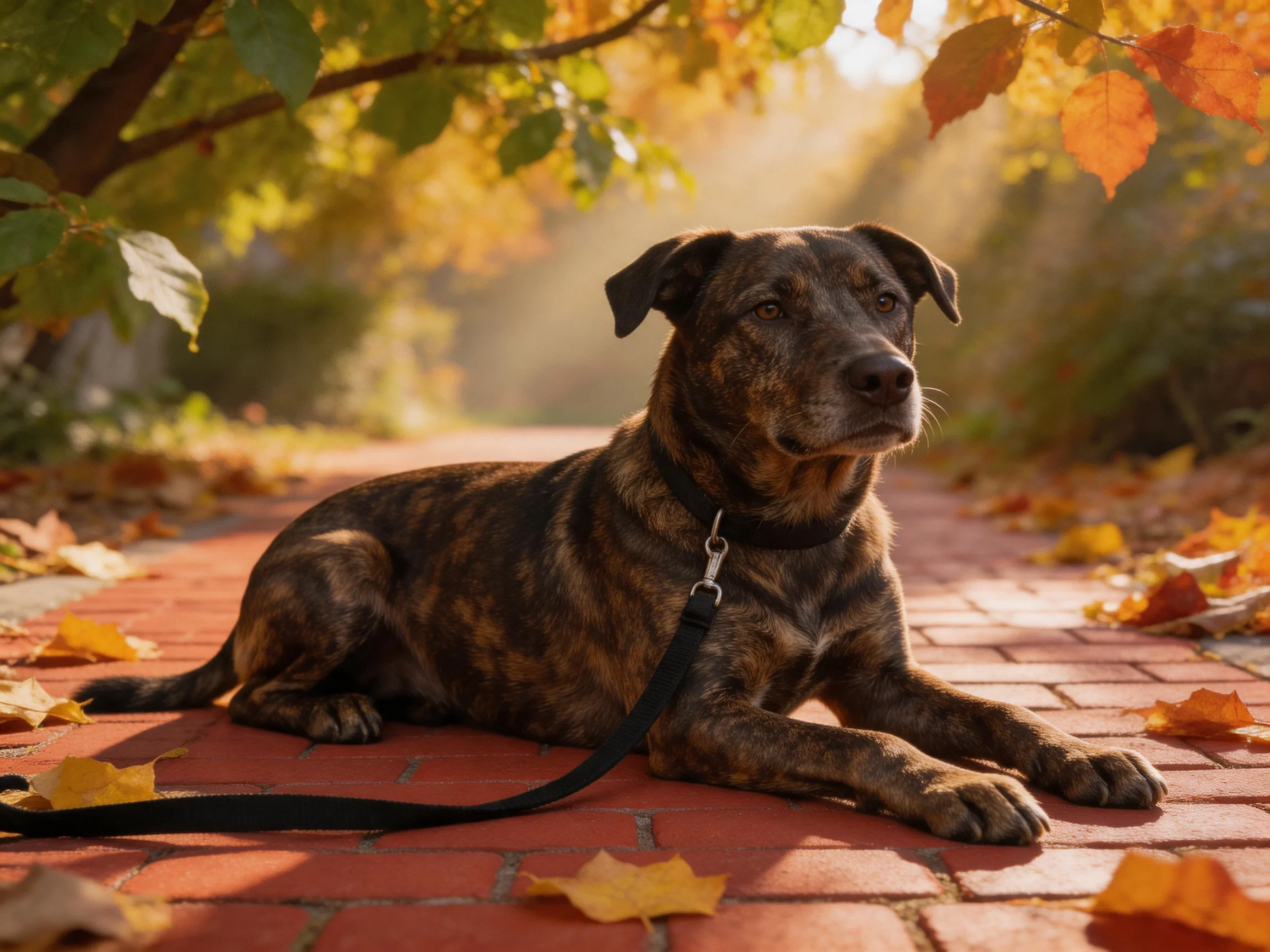 A brindle dog lies calmly on a red-brick pathway with fallen leaves nearby.