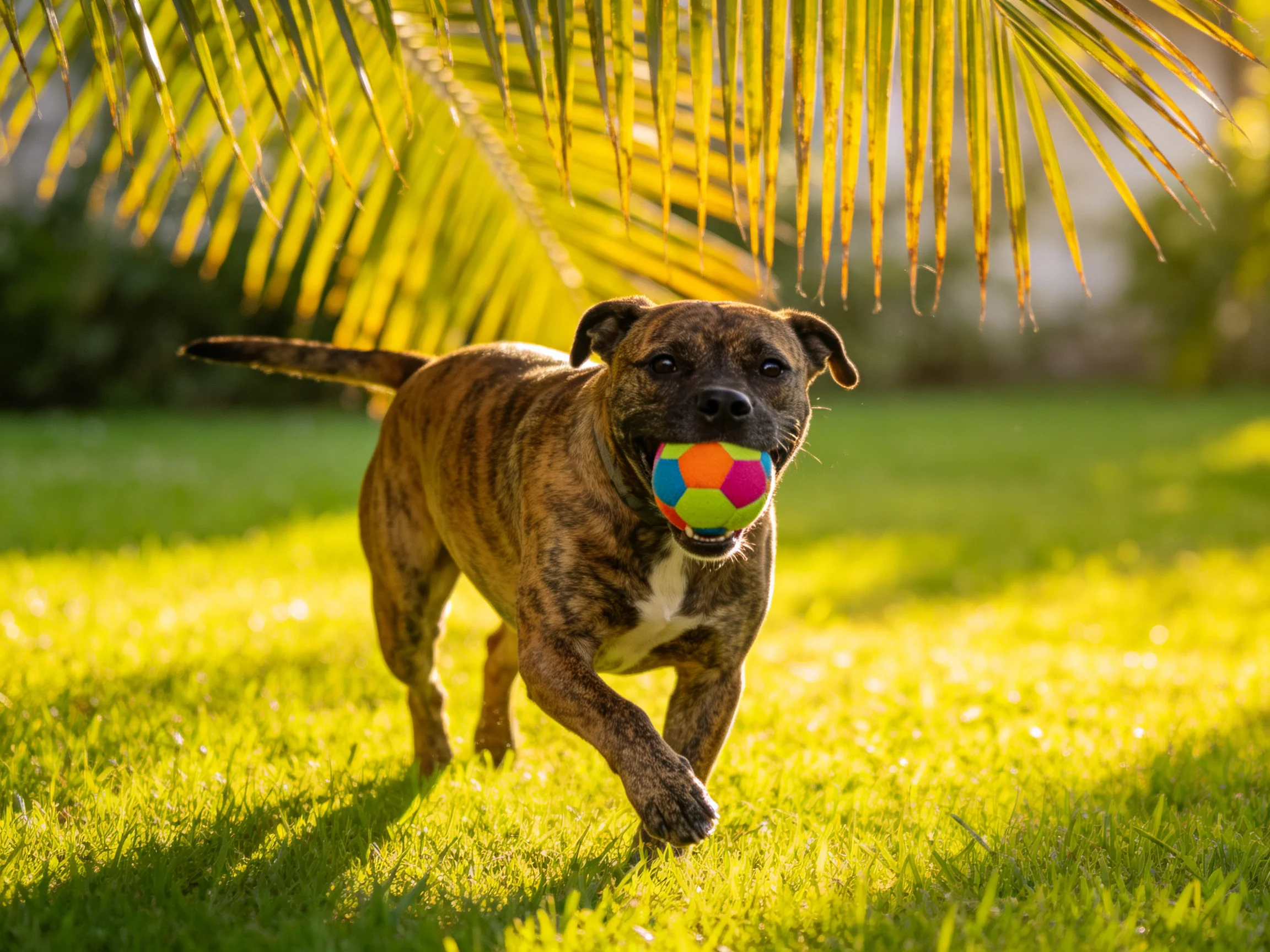 A dog carries a colorful ball while running on bright green grass.