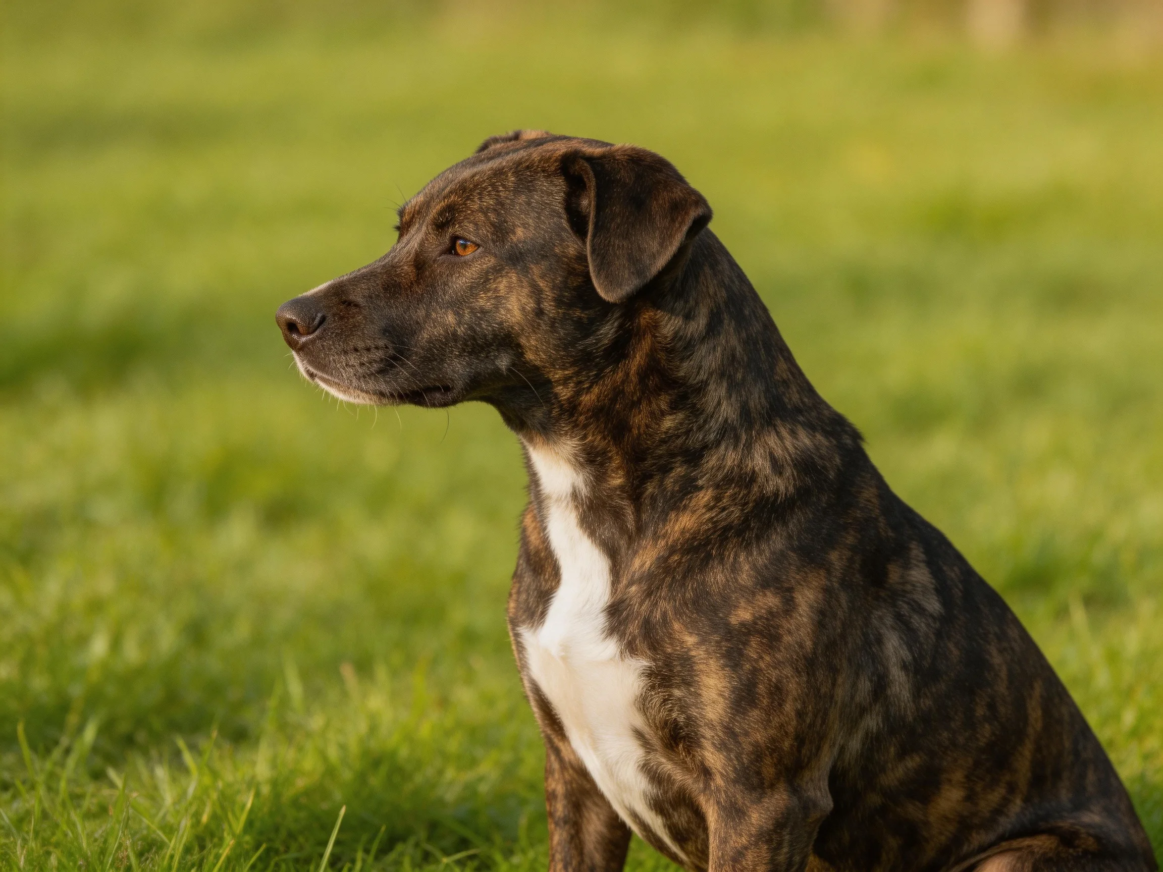 A brindle-coated dog sits attentively on grass.