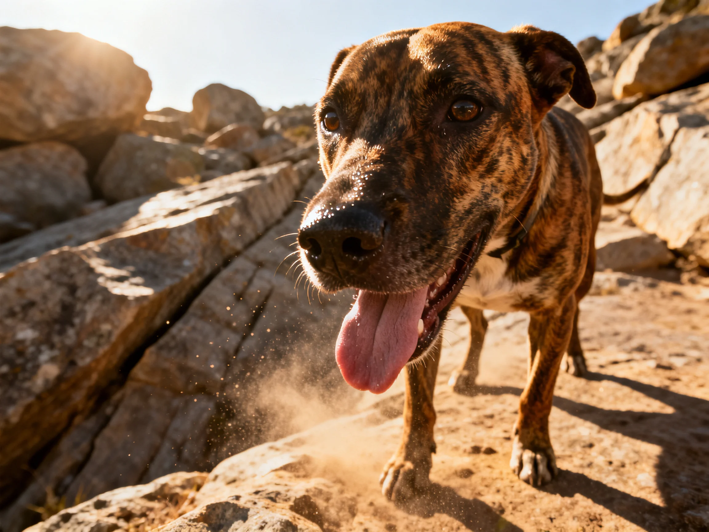 A brindle-coated dog stands among rocky terrain under bright sunlight