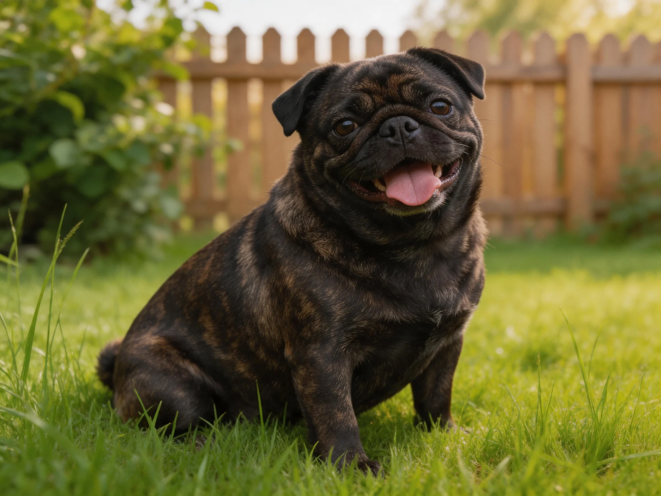 A brindle pug relaxes on grass in a sunny backyard