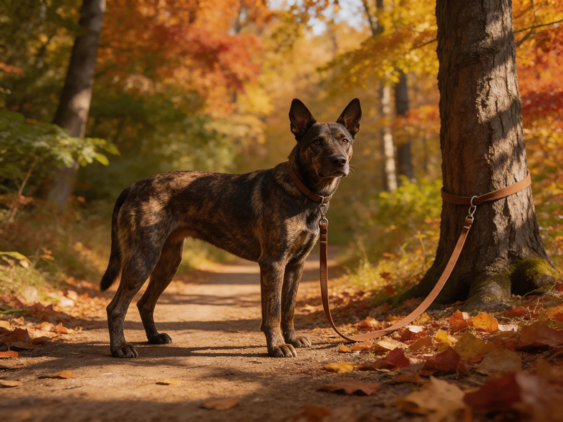 A brindle dog stands on a leafy forest path near a tree
