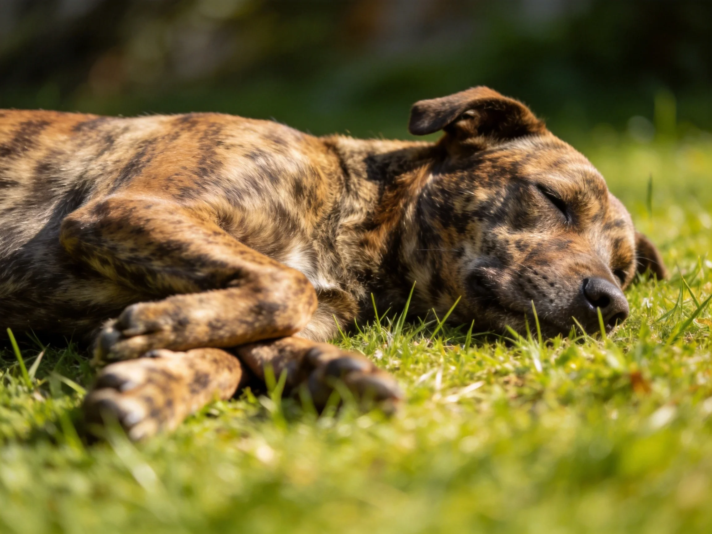 A brindle-furred dog sleeps on green grass