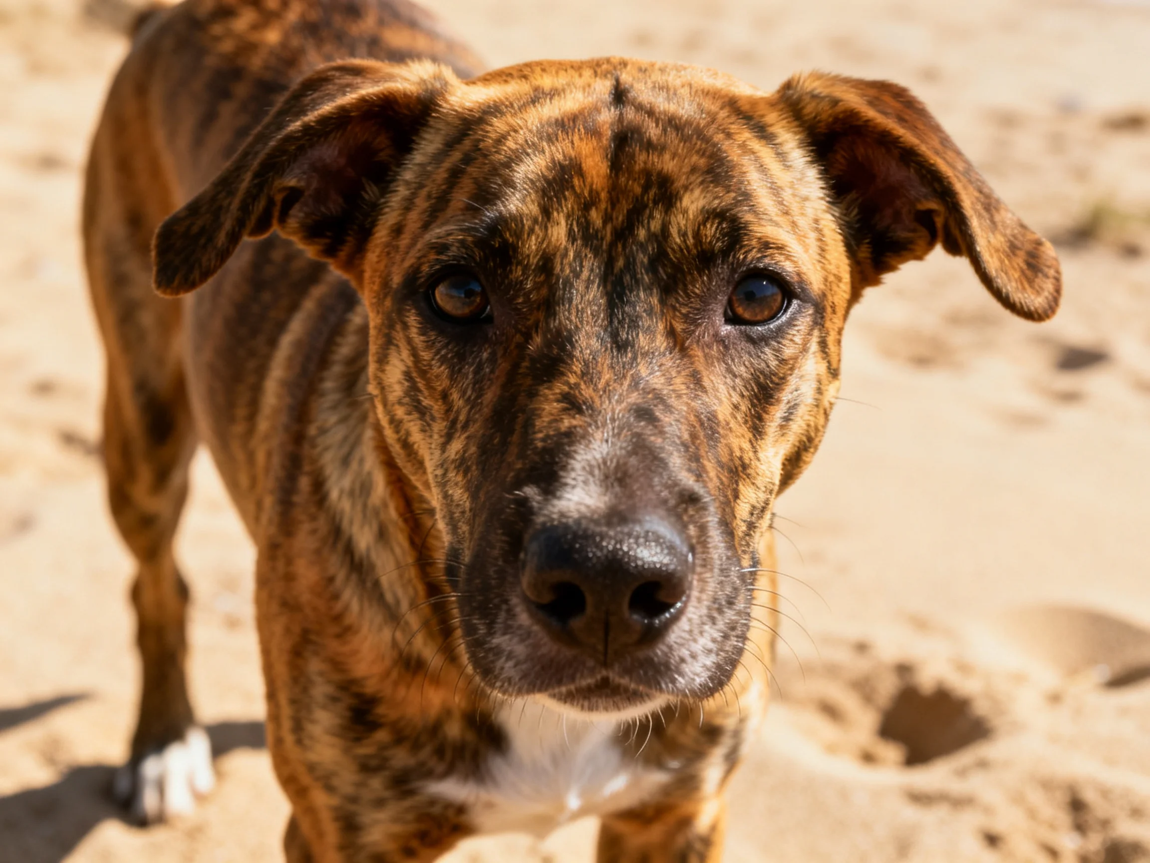A brindle-patterned dog looks toward the viewer on sandy ground.