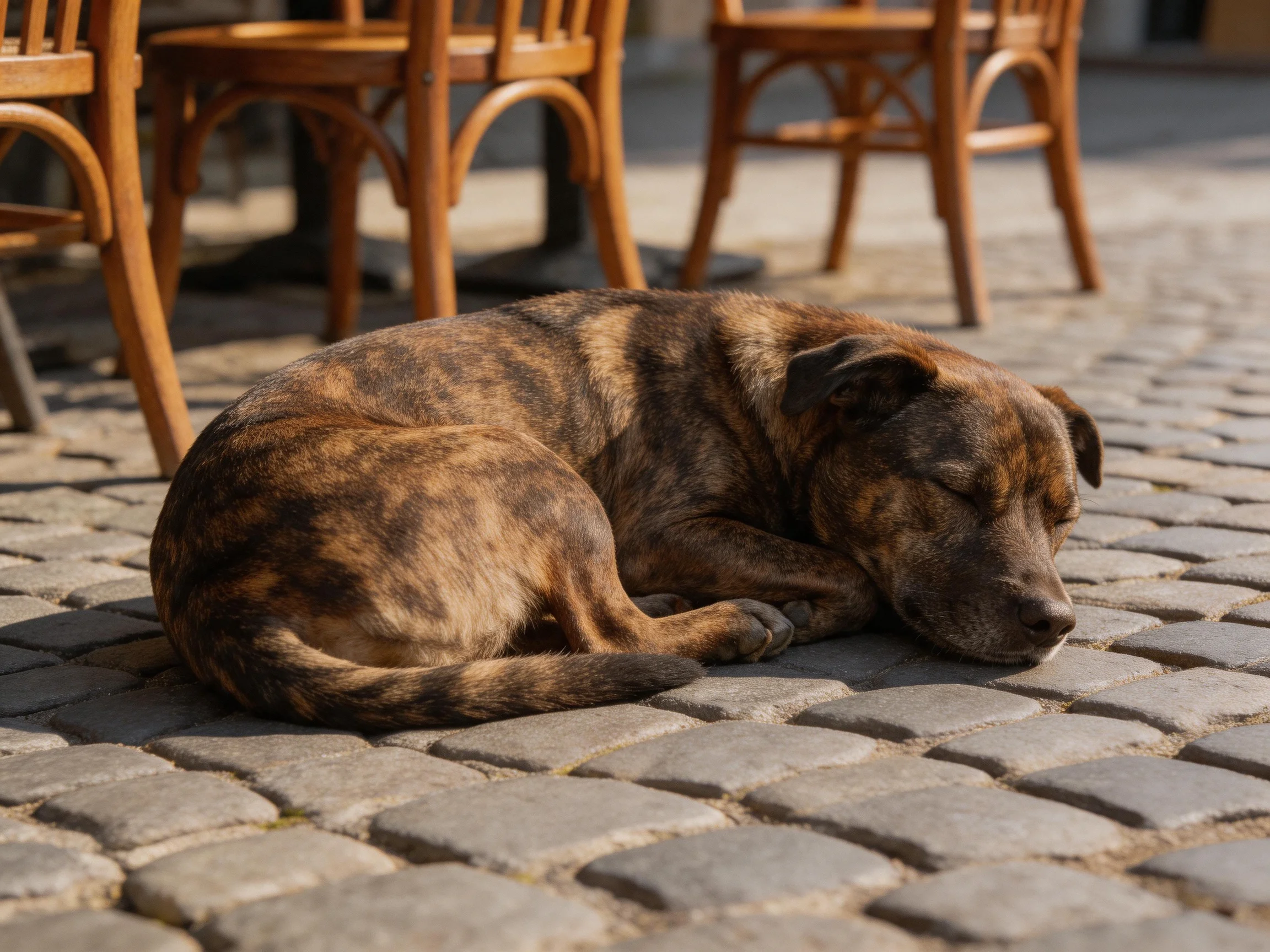 A brindle dog sleeps on cobblestone pavement near wooden chairs