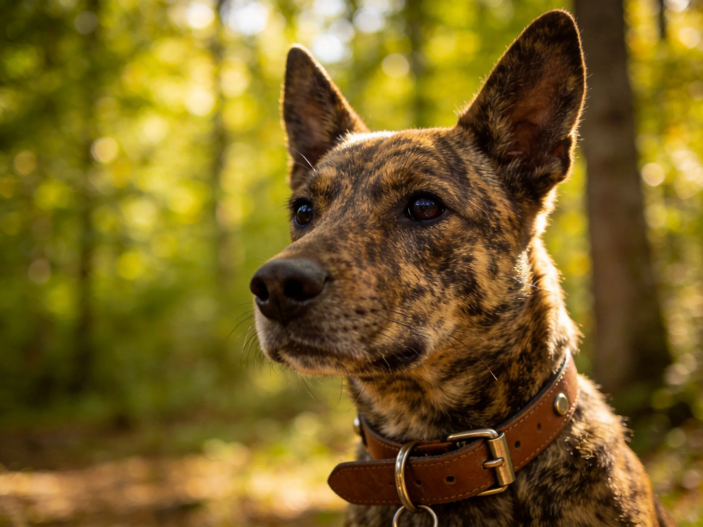 A brindle-patterned dog with a brown collar stands in a sunlit forest.