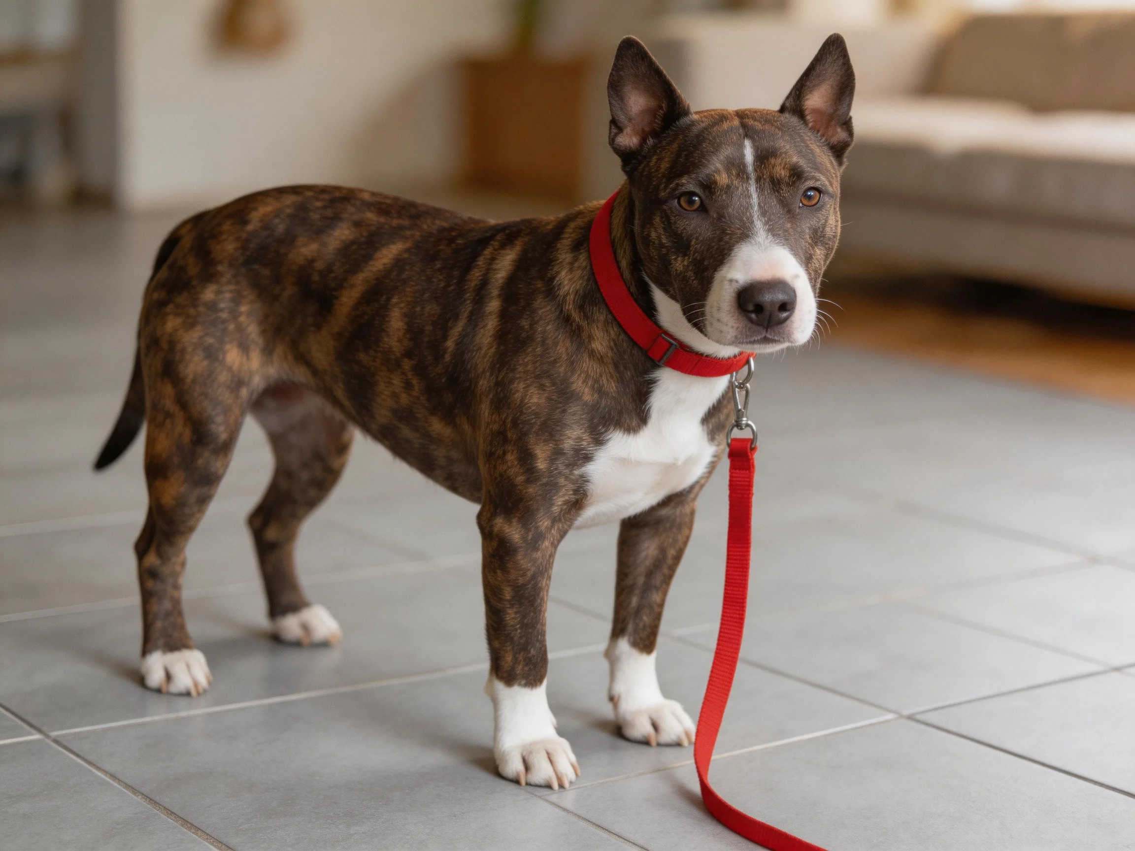 A brindle-patterned dog with white paws wears a red collar and leash indoors