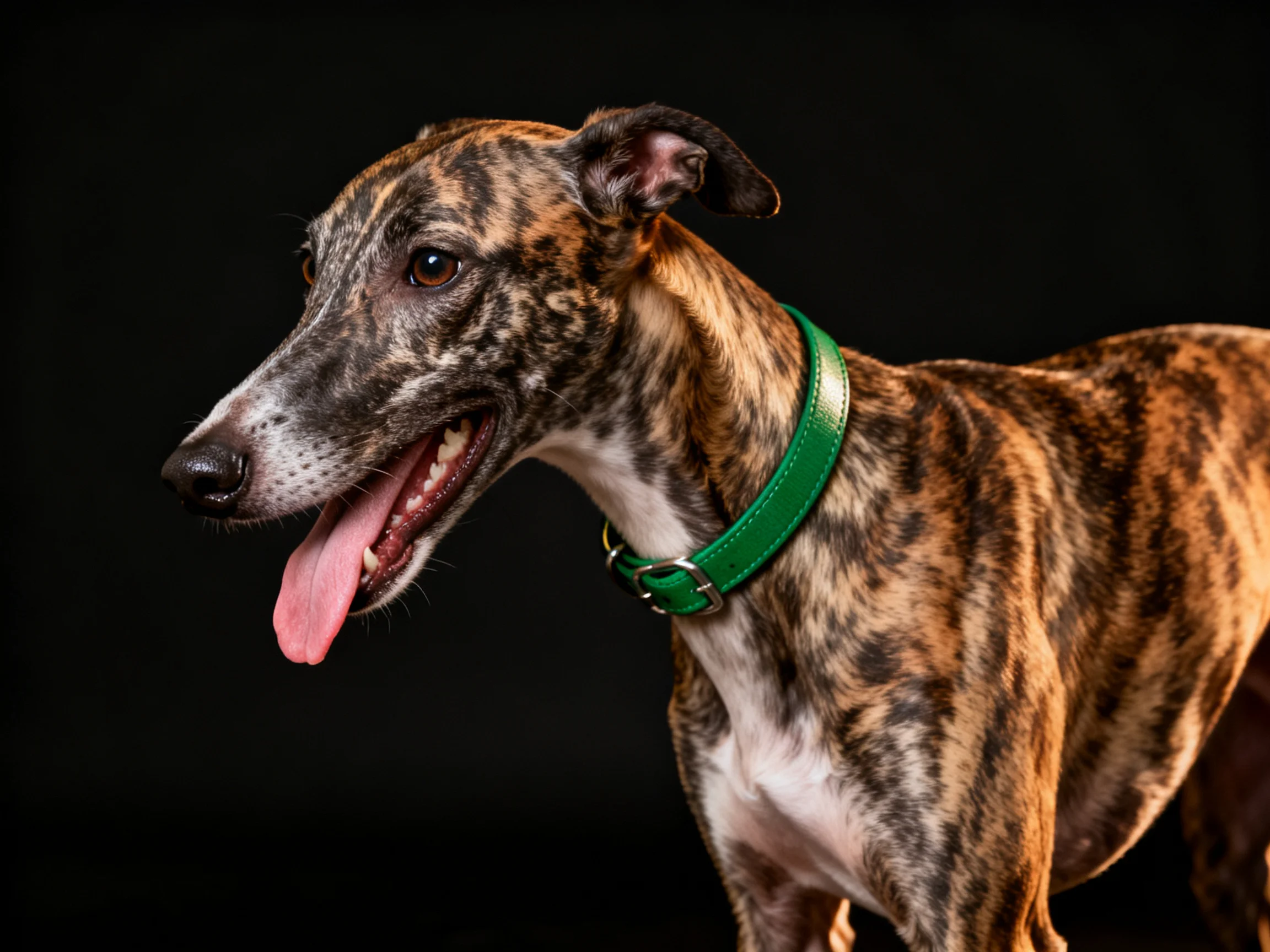 A brindle-patterned greyhound with a bright green collar against a dark backdrop