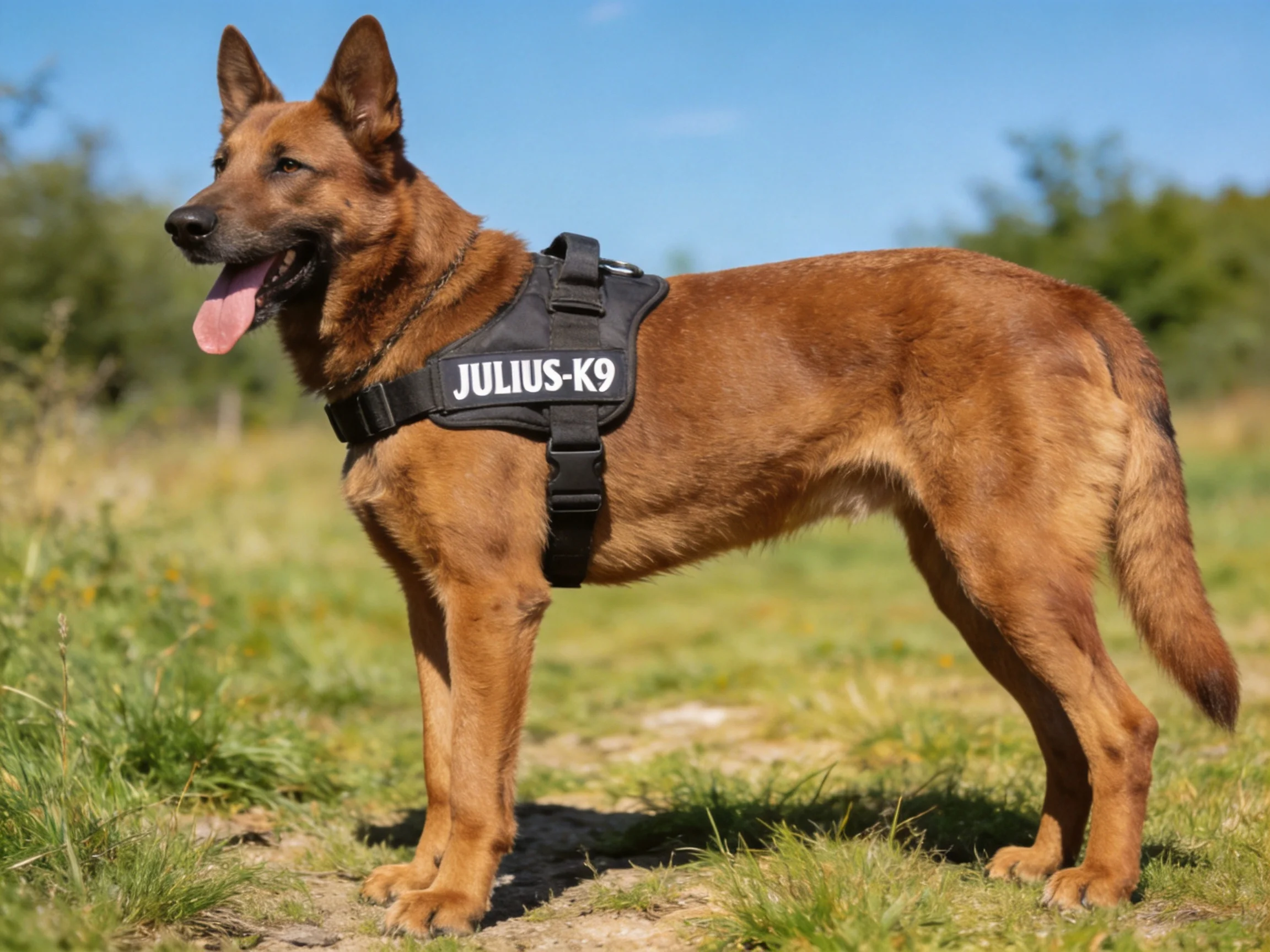 A brown dog with a black Julius-K9 harness stands in a sunlit outdoor area.