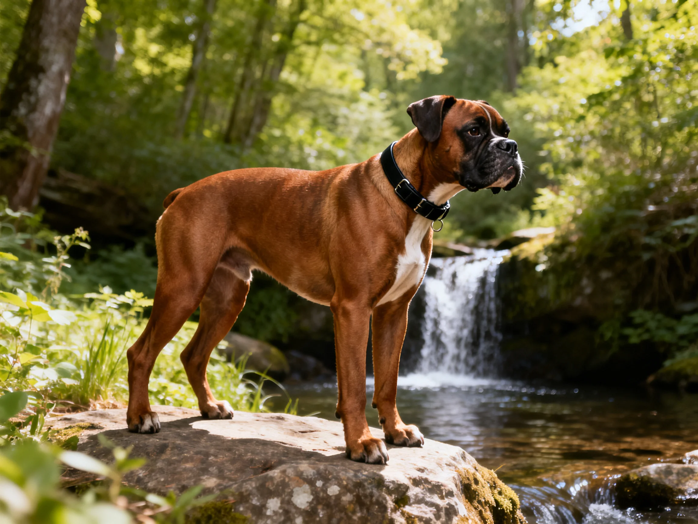 A brown Boxer dog stands on a mossy rock by a small waterfall