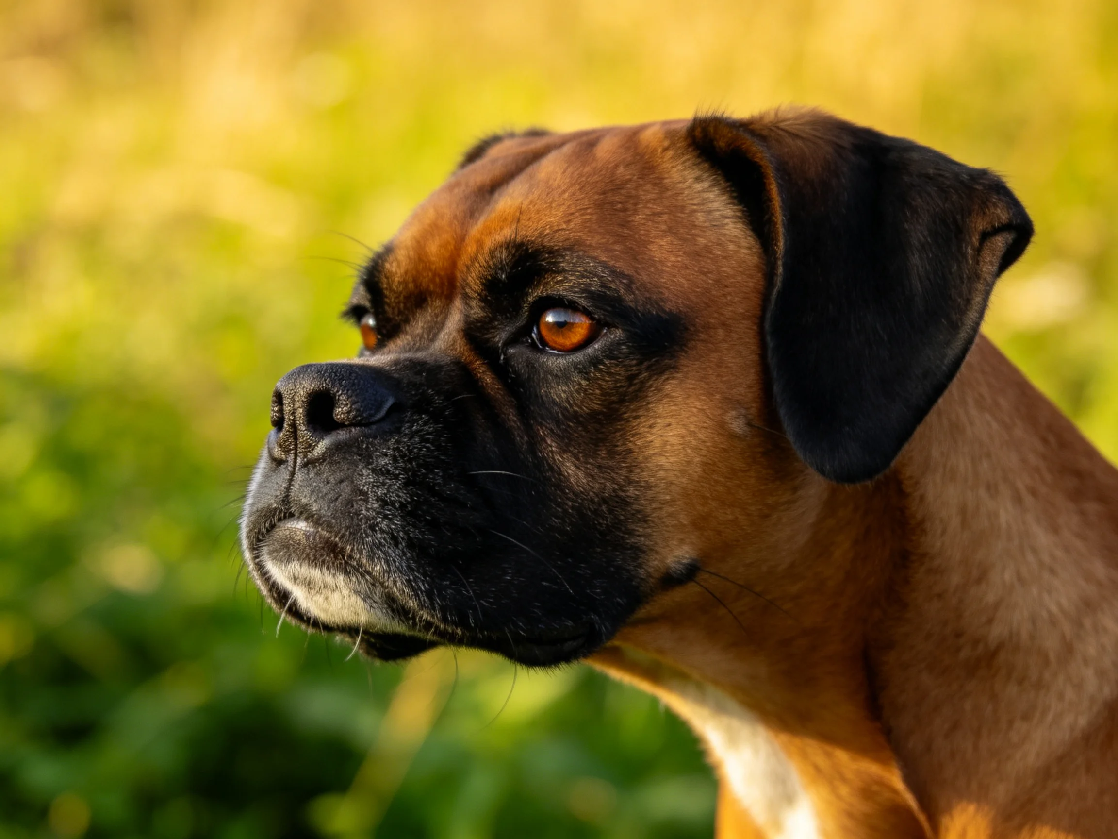 A brown Boxer dog with black ears in a sunlit green outdoor setting