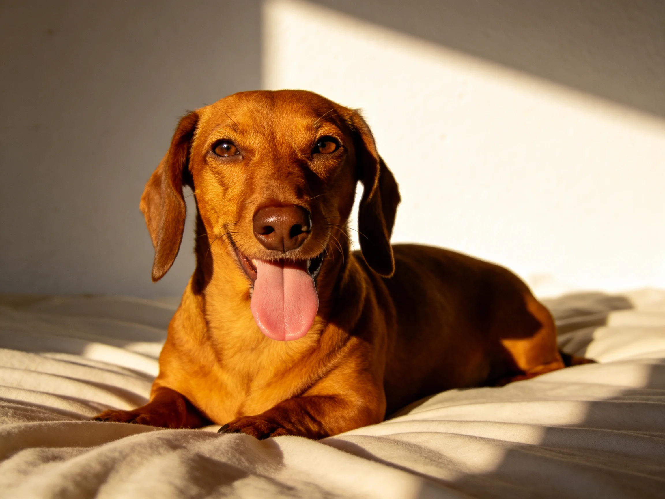 A brown Dachshund relaxes on a sunlit beige bedspread