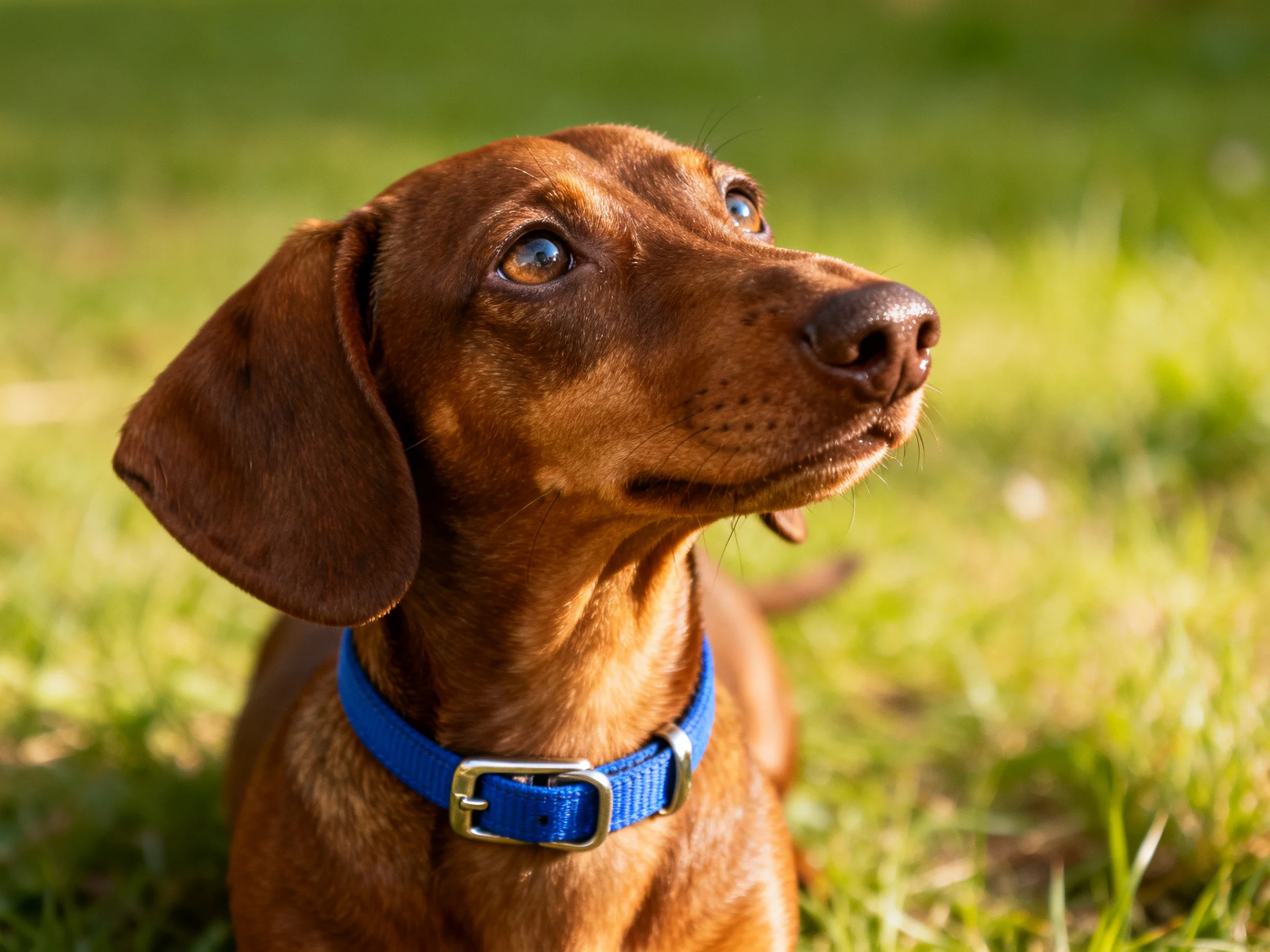 A brown Dachshund with a vibrant blue collar in a sunlit grassy area