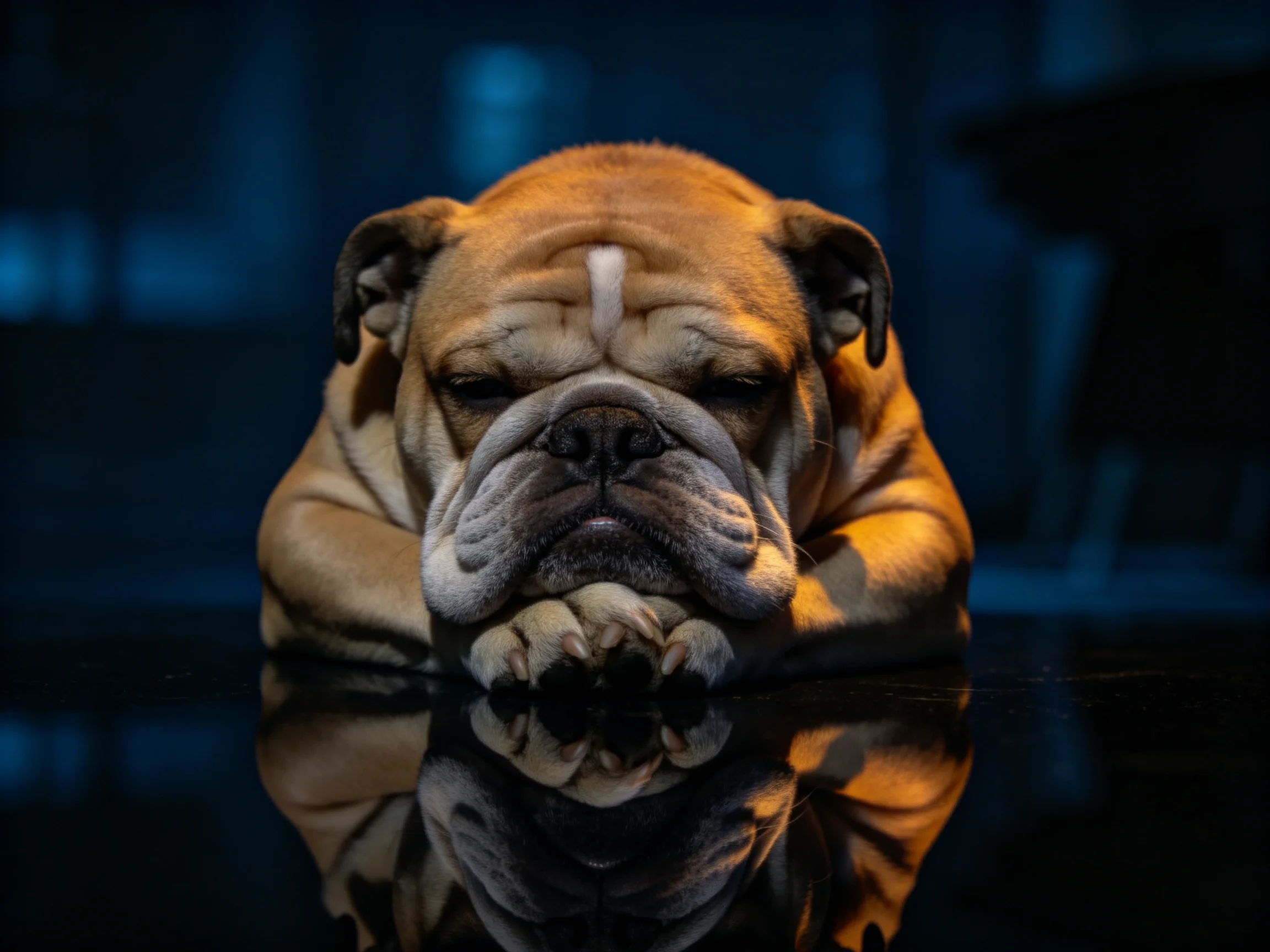 A brown English bulldog rests on a reflective surface with moody blue lighting